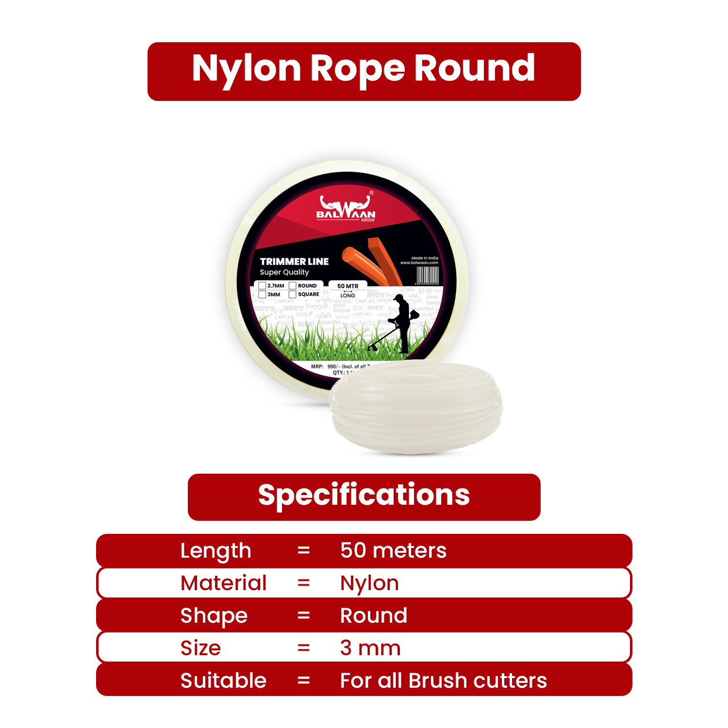 Balwaan Nylon Rope 3mm 50 Mtr- Round (White) - photo 5