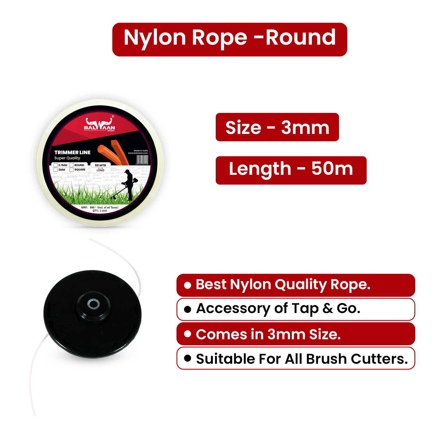 Balwaan Nylon Rope 3mm 50 Mtr- Round (White) - photo 3