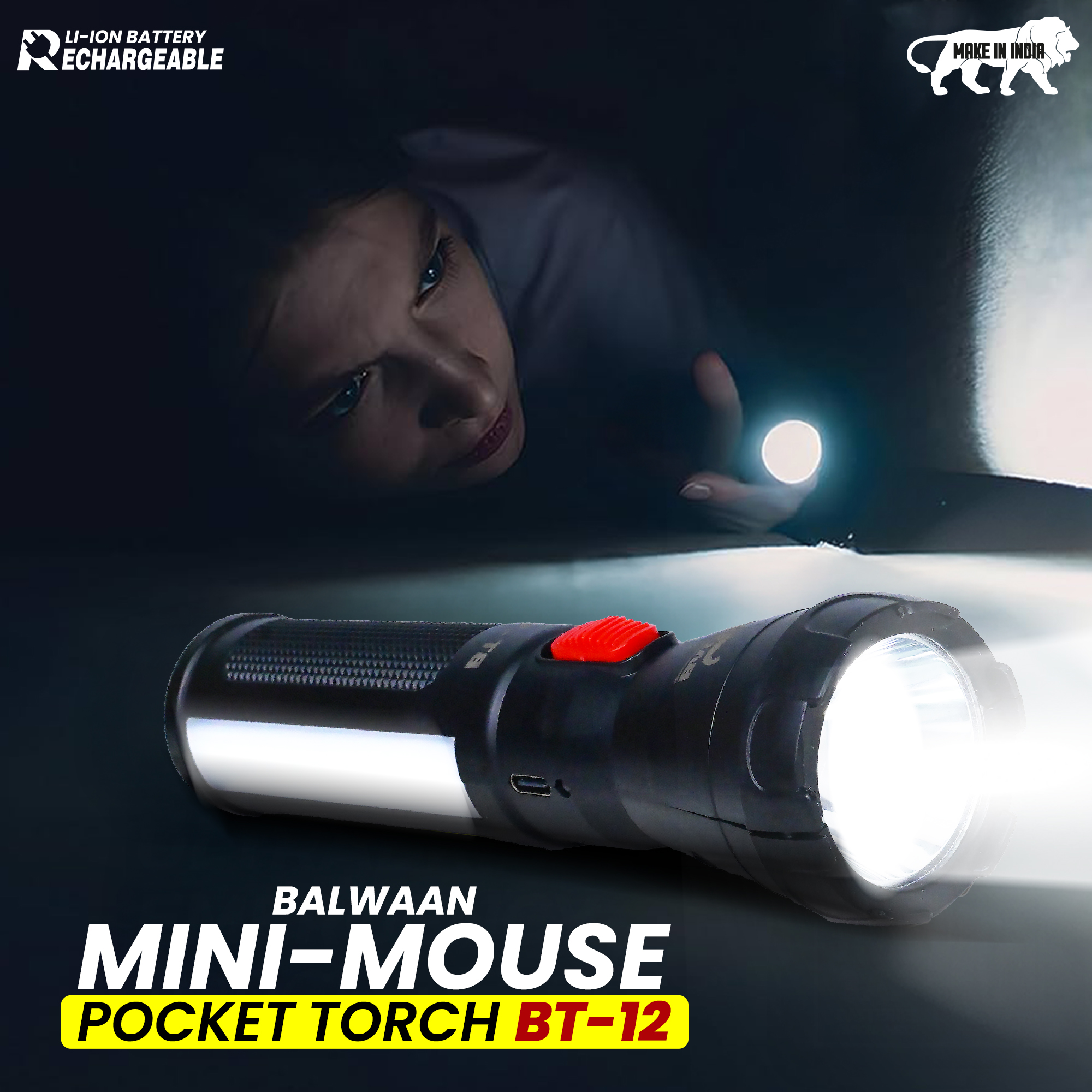 Balwaan Rechargeable BT-12 LED Search Light Torch - Type-C Charging, for Trekking, Agricultural, Outdoor Activities - photo 5