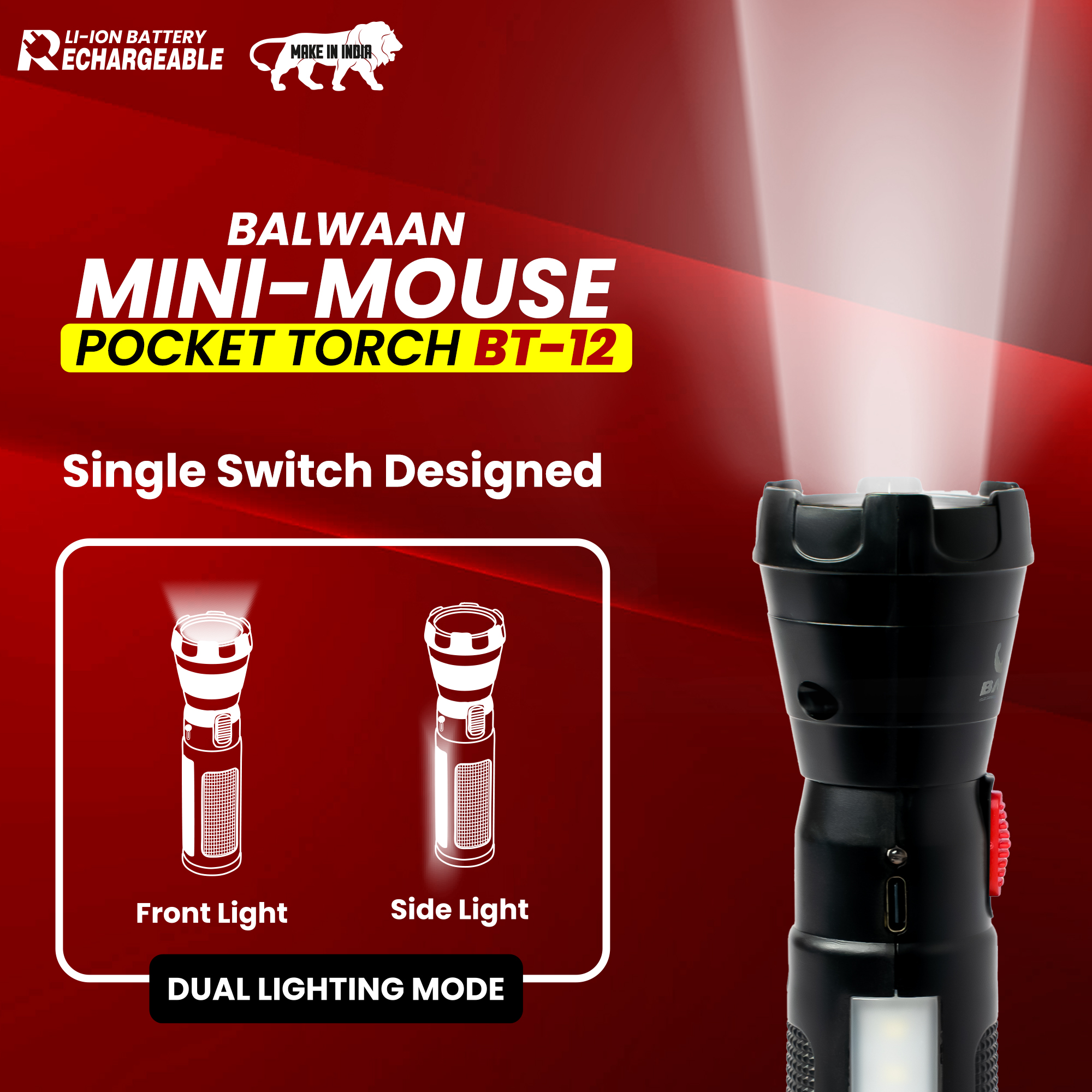 Balwaan Rechargeable BT-12 LED Search Light Torch - Type-C Charging, for Trekking, Agricultural, Outdoor Activities - photo 6