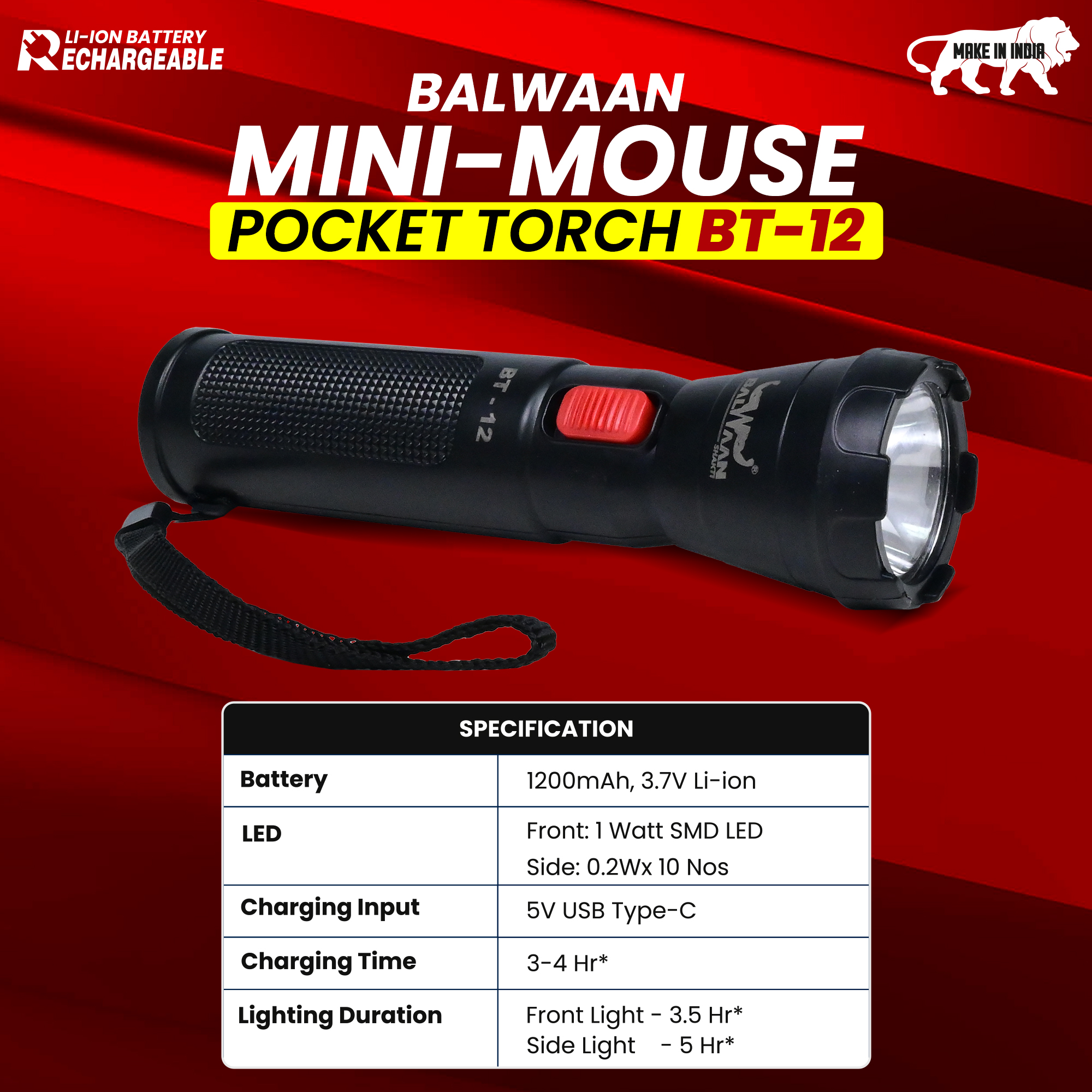 Balwaan Rechargeable BT-12 LED Search Light Torch - Type-C Charging, for Trekking, Agricultural, Outdoor Activities - photo 7