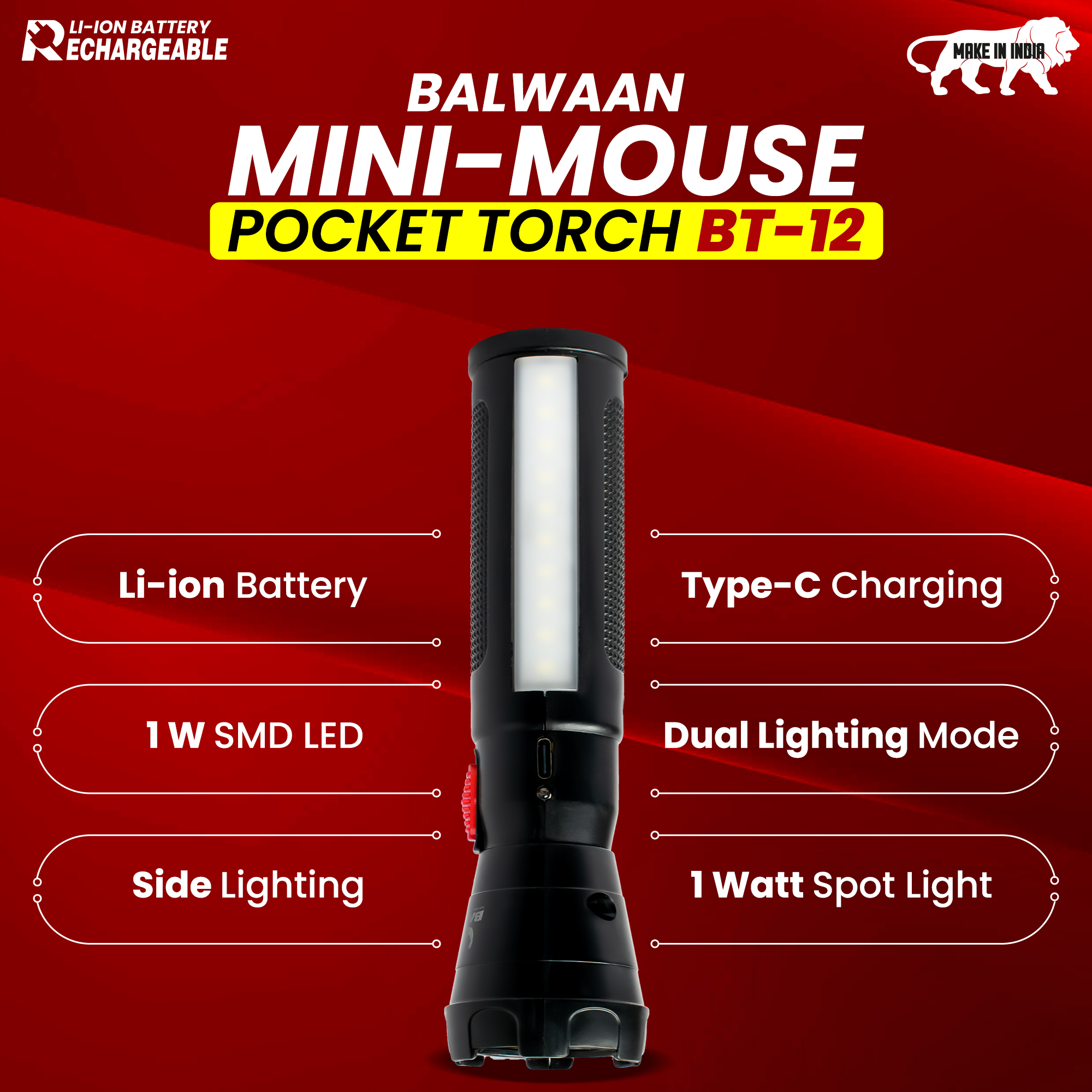 Balwaan Rechargeable BT-12 LED Search Light Torch - Type-C Charging, for Trekking, Agricultural, Outdoor Activities - photo 8