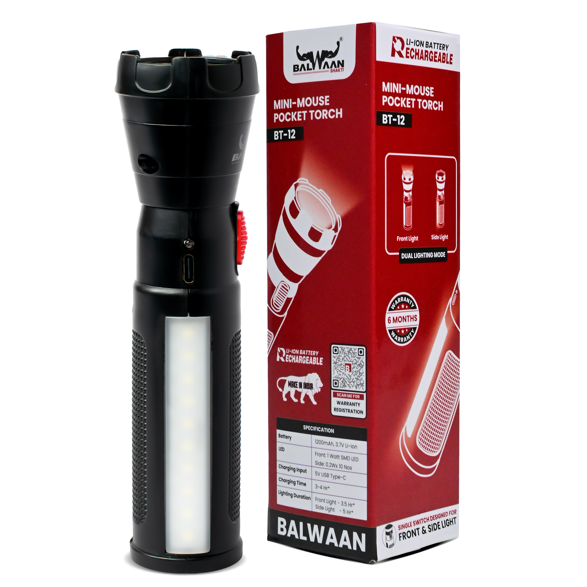 Balwaan Rechargeable BT-12 LED Search Light Torch - Type-C Charging, for Trekking, Agricultural, Outdoor Activities - photo 2