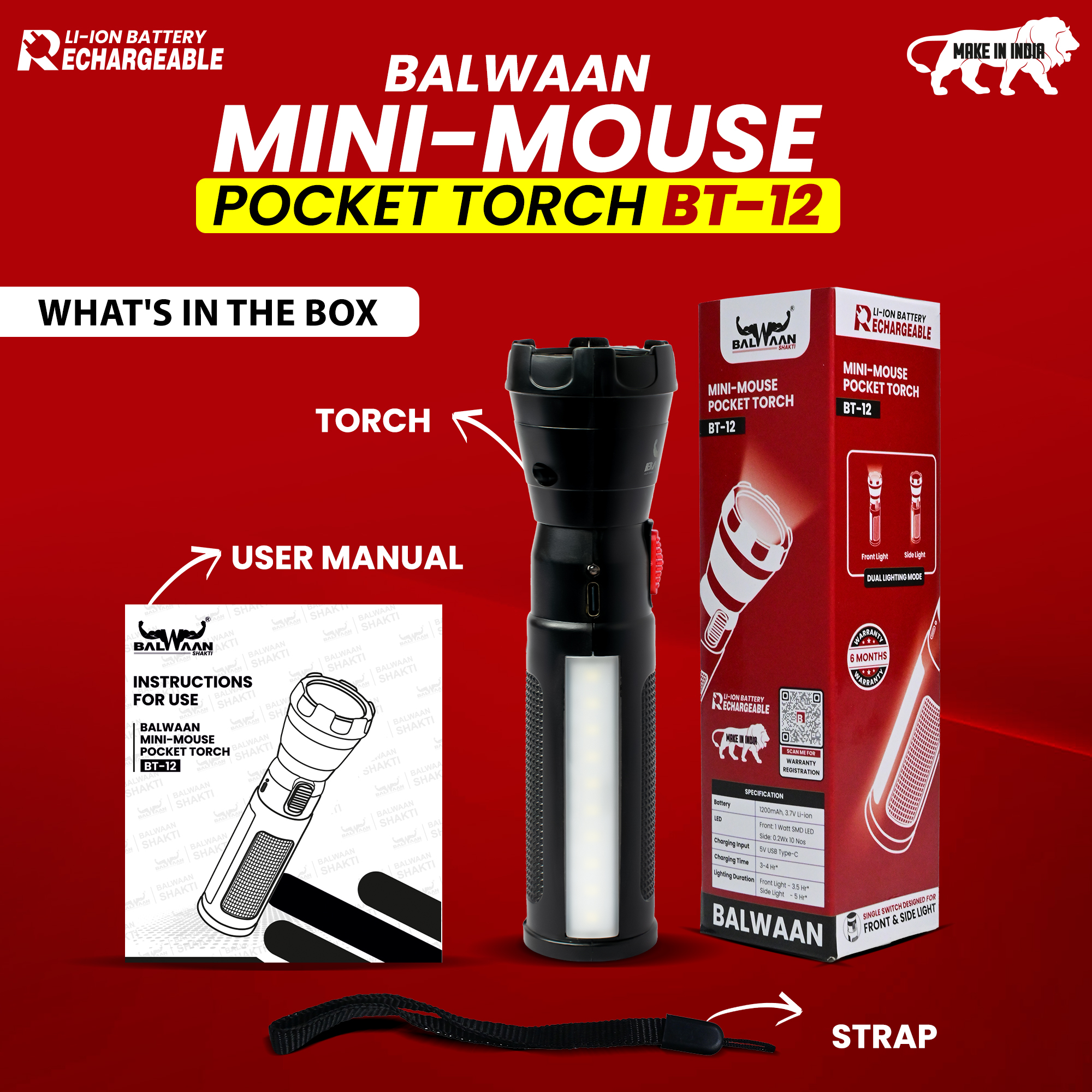 Balwaan Rechargeable BT-12 LED Search Light Torch - Type-C Charging, for Trekking, Agricultural, Outdoor Activities - photo 3
