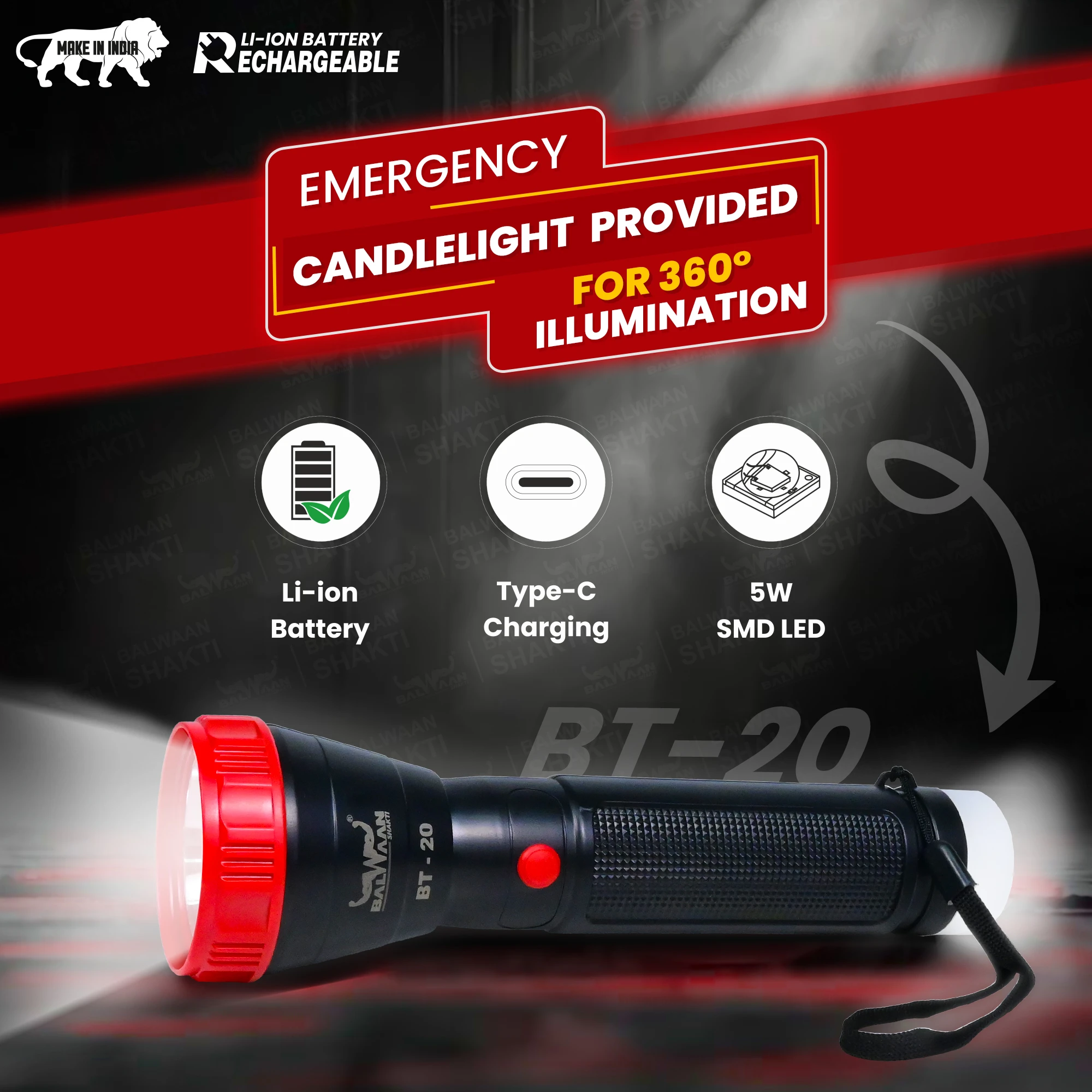 Balwaan Rechargeable BT-20 LED Search Light Torch - Candle Light - Best for Trekking, Agricultural, Outdoor Activities - photo 2