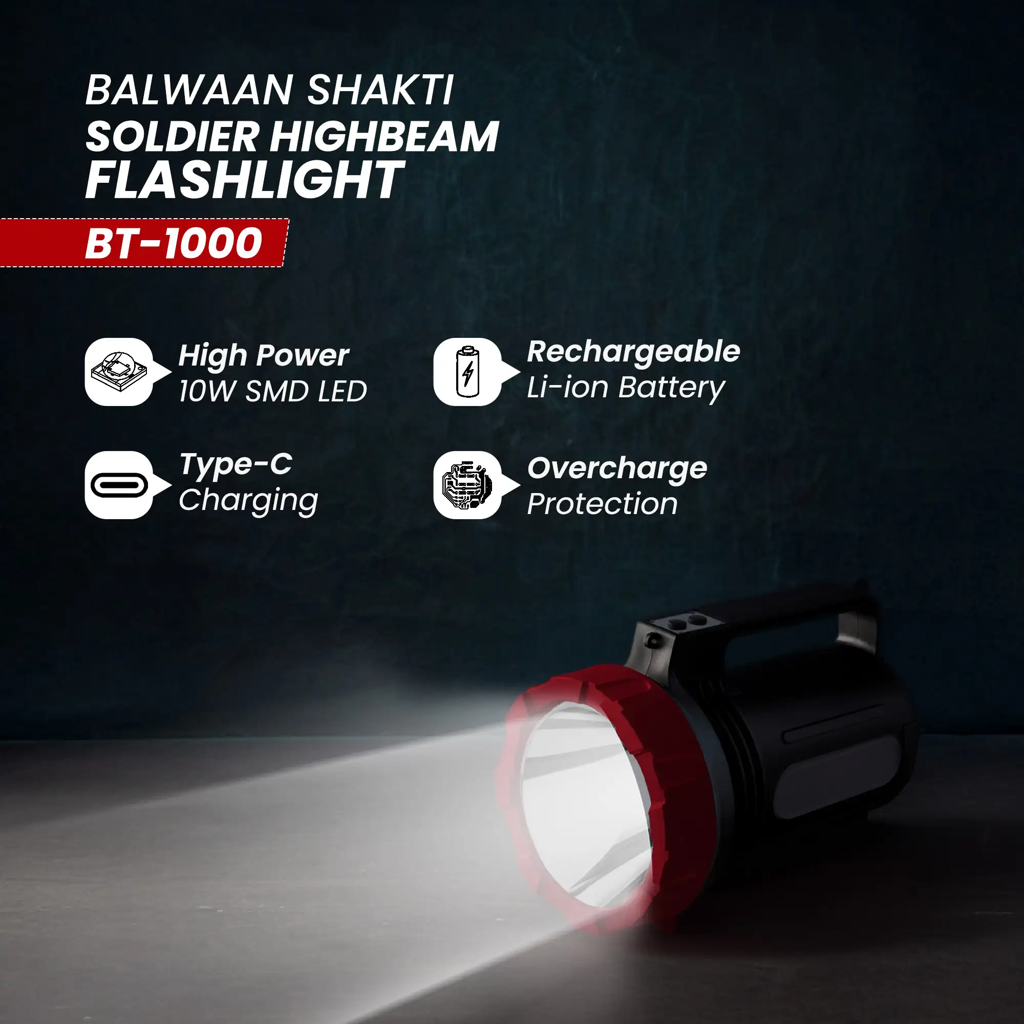 Balwaan Shakti BT-1000 Soldier Highbeam Flashlight - 10W SMD LED Torch - Type-C Charging - photo 4