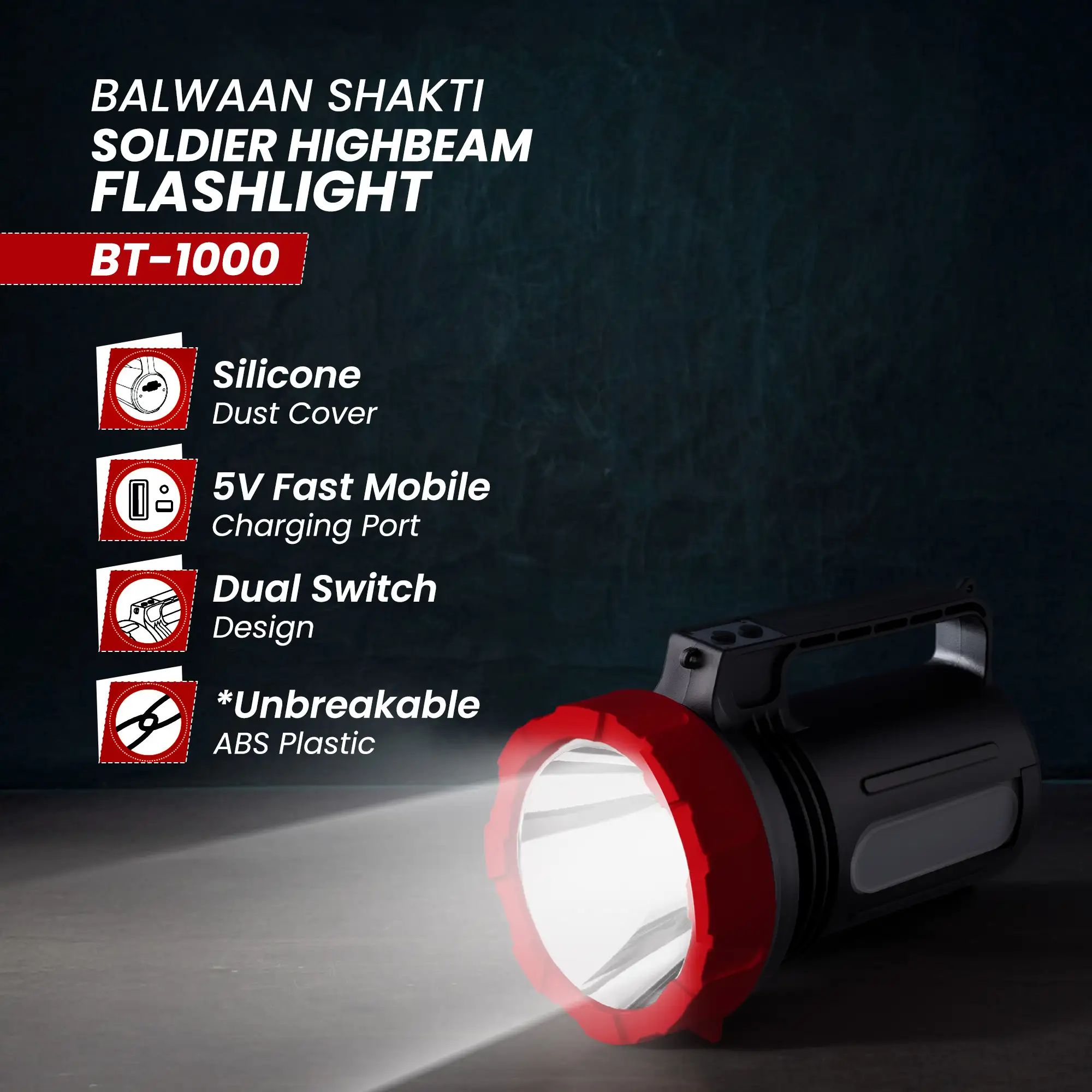 Balwaan Shakti BT-1000 Soldier Highbeam Flashlight - 10W SMD LED Torch - Type-C Charging - photo 2