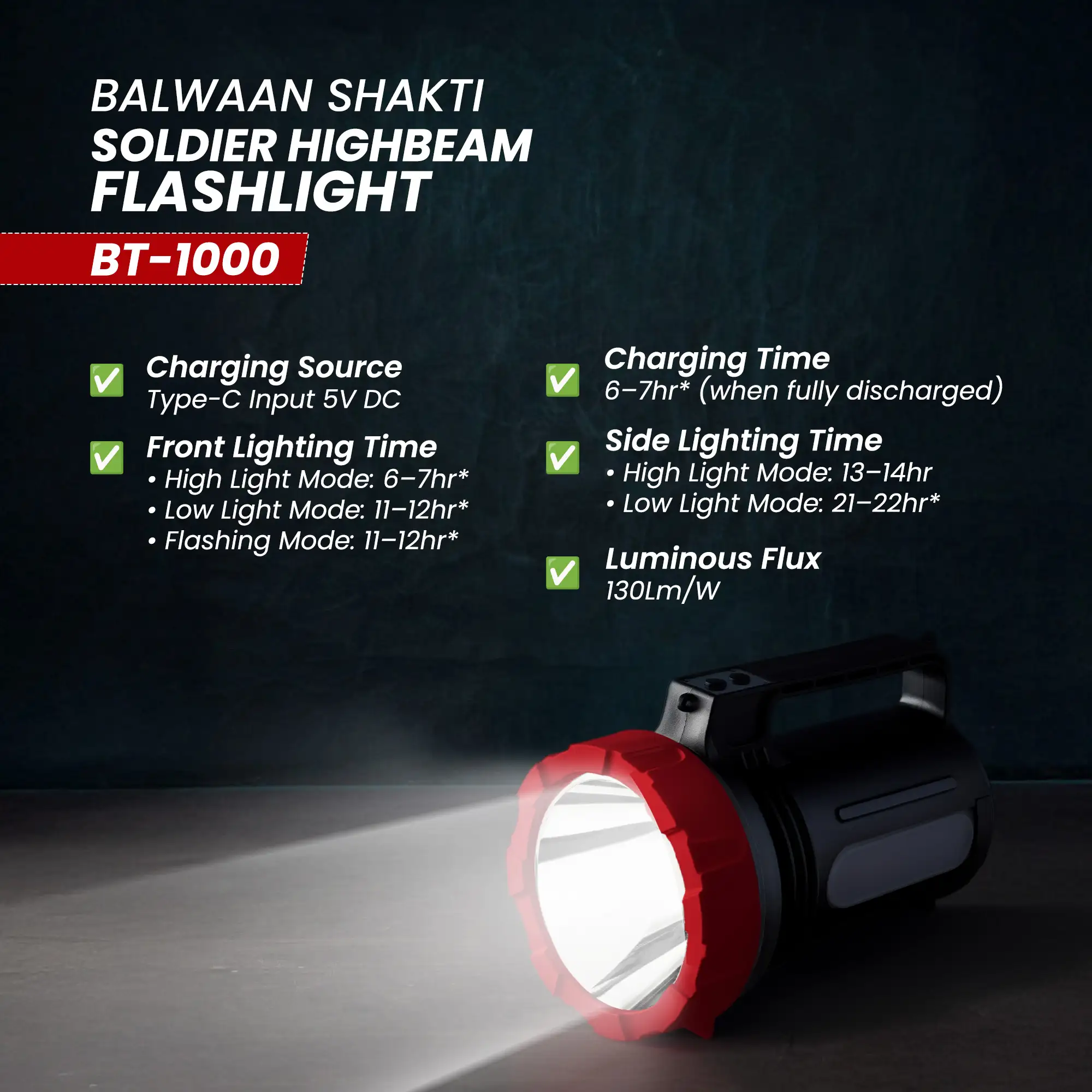 Balwaan Shakti BT-1000 Soldier Highbeam Flashlight - 10W SMD LED Torch - Type-C Charging - photo 5