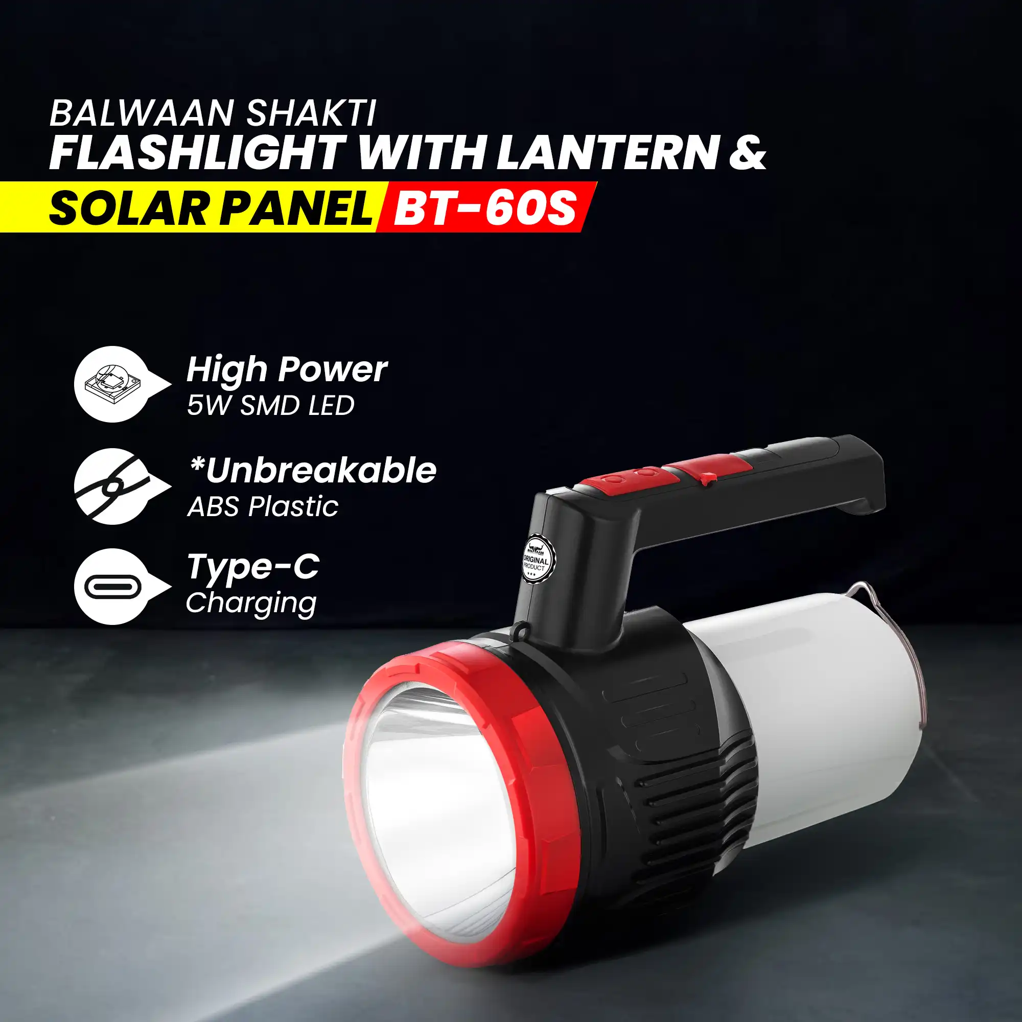 Balwaan Shakti BT-60s 2in1 Flashlight with Lantern and Solar - 5W LED Front Beam with Type-C Charging - photo 3