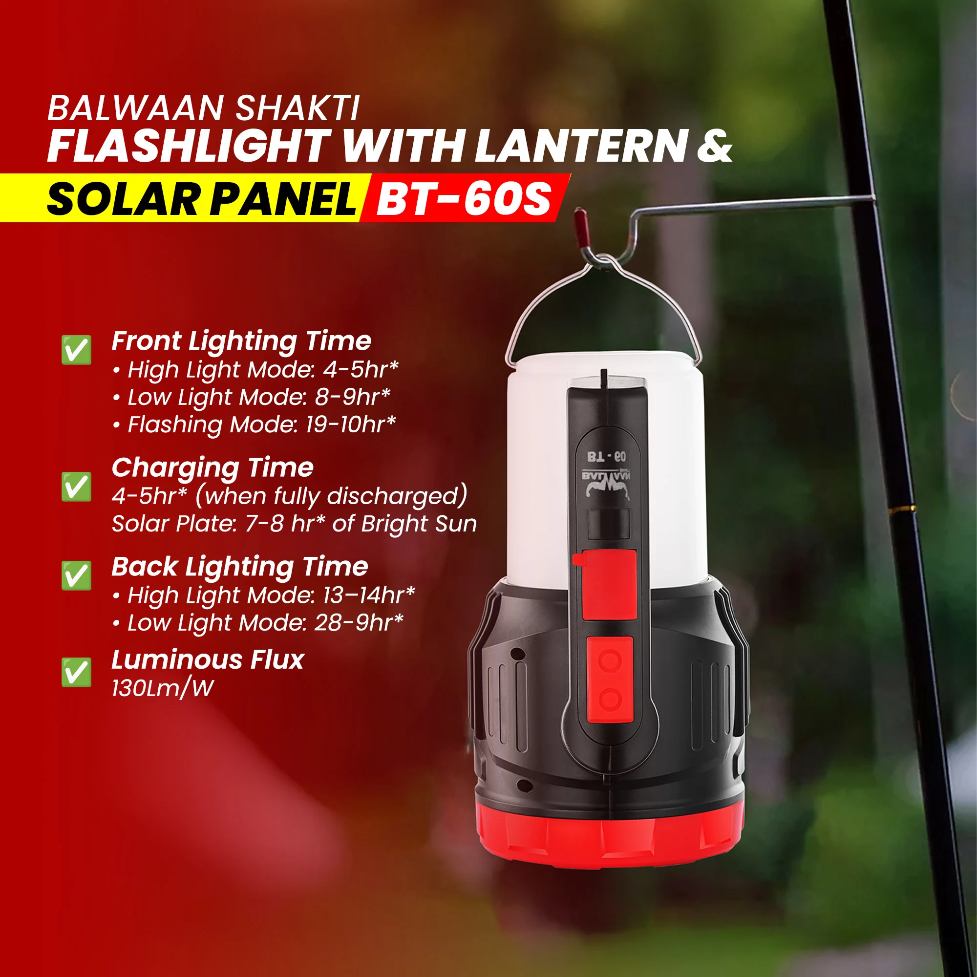 Balwaan Shakti BT-60s 2in1 Flashlight with Lantern and Solar - 5W LED Front Beam with Type-C Charging - photo 8