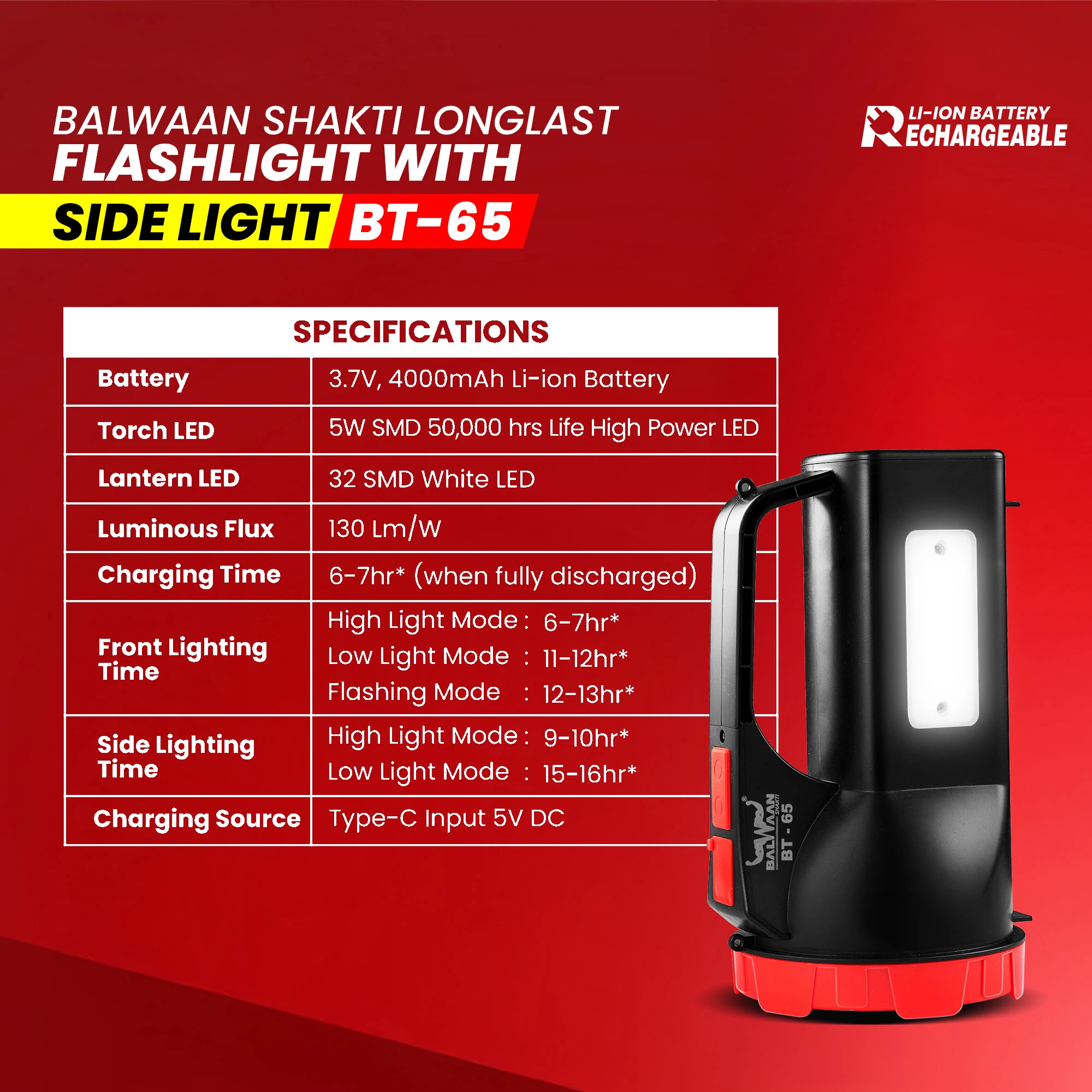 Balwaan Shakti Longlast Flashlight Torch with Side Light BT-65 - Multi-Mode 5W LED USB-C Rechargeable Light - photo 5