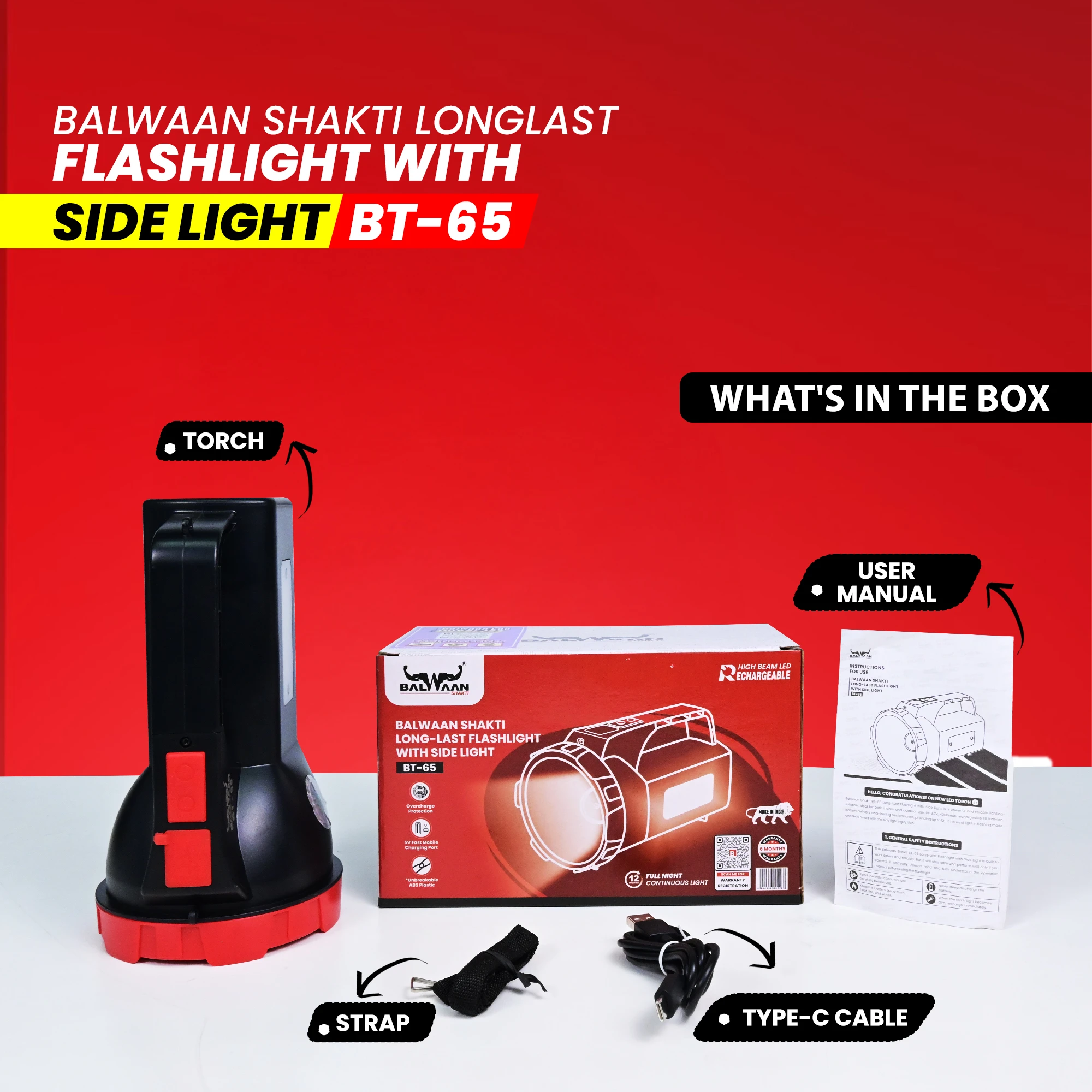 Balwaan Shakti Longlast Flashlight Torch with Side Light BT-65 - Multi-Mode 5W LED USB-C Rechargeable Light - photo 8