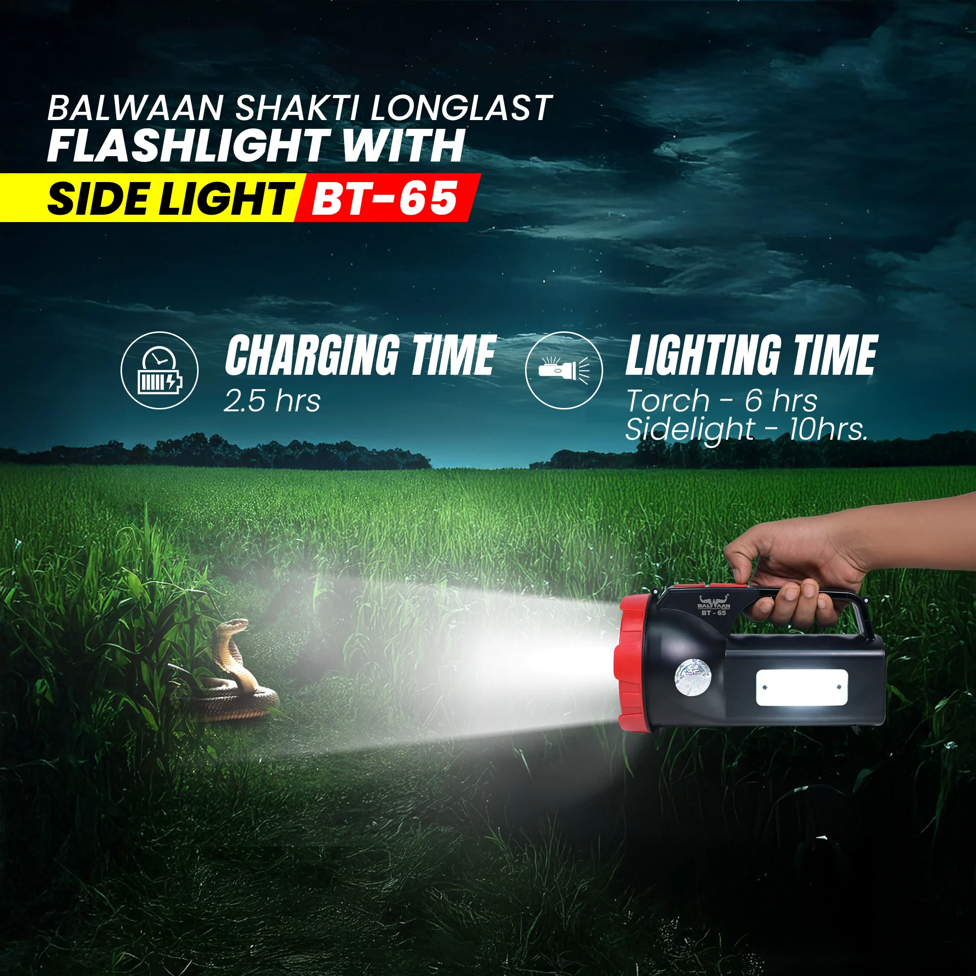 Balwaan Shakti Longlast Flashlight Torch with Side Light BT-65 - Multi-Mode 5W LED USB-C Rechargeable Light - photo 7
