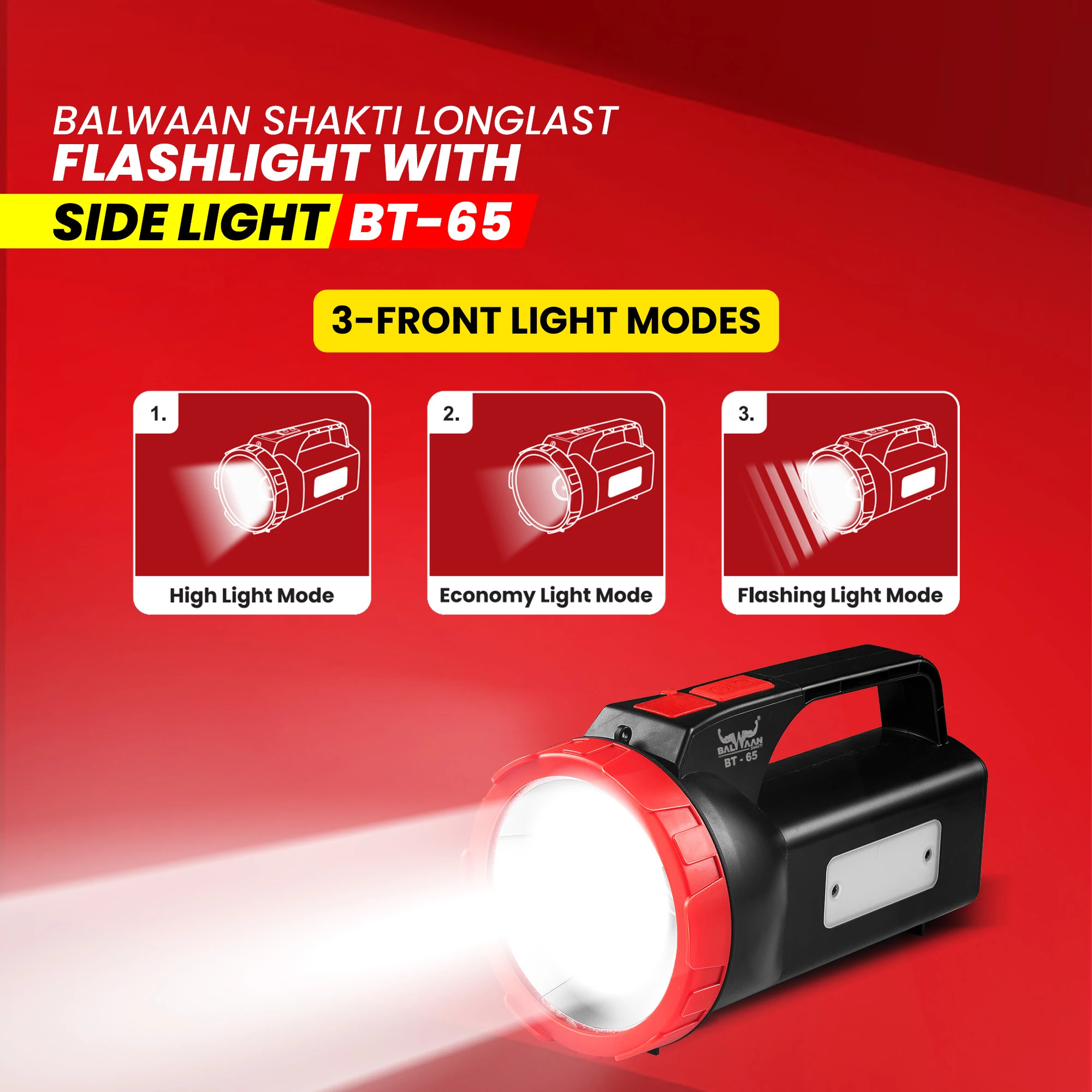 Balwaan Shakti Longlast Flashlight Torch with Side Light BT-65 - Multi-Mode 5W LED USB-C Rechargeable Light - photo 2