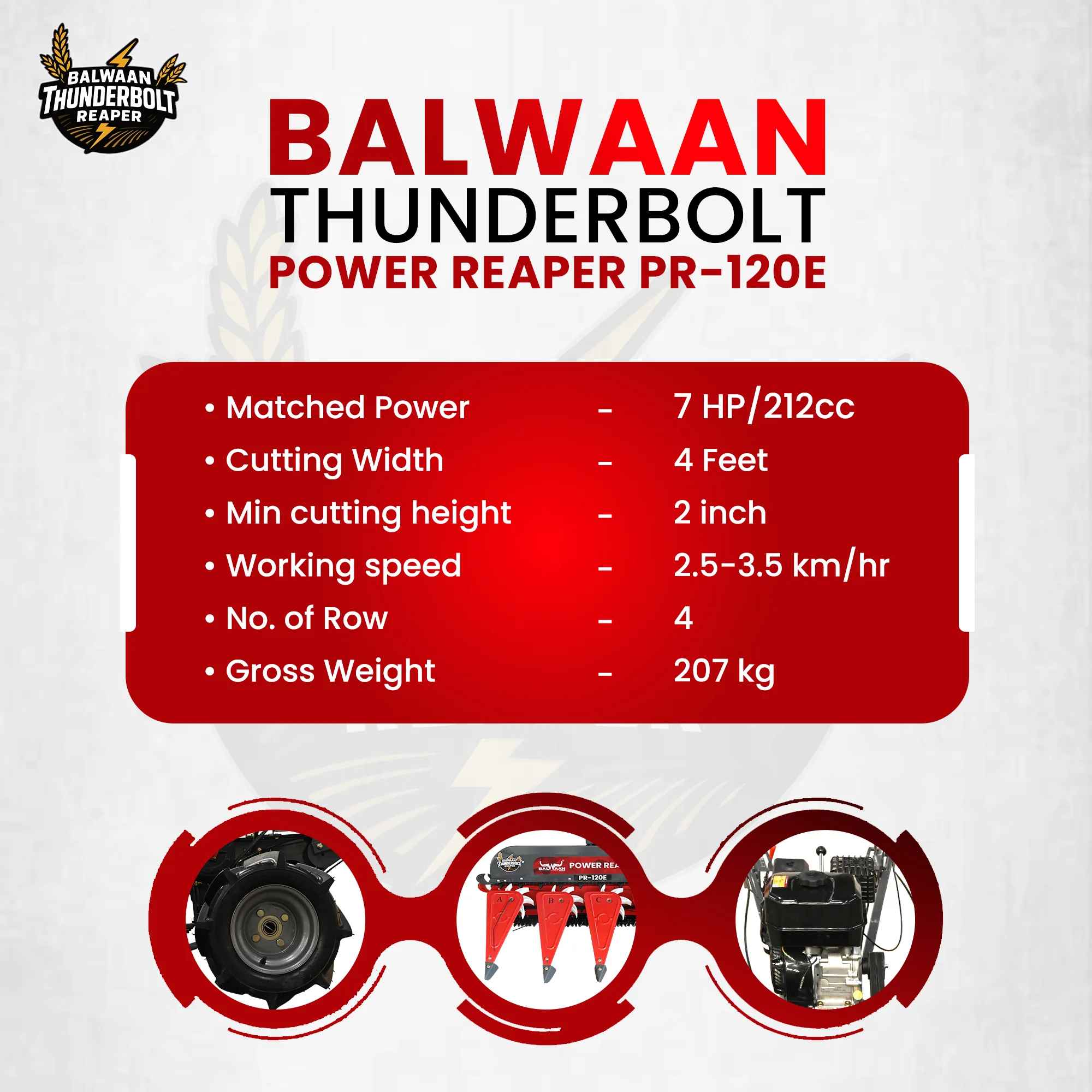 Balwaan Thunderbolt Power Reaper (PR-120E) - 212cc 4-Stroke Engine - Low Fuel Consumption & Heavy-Duty Agricultural Reaper - photo 5