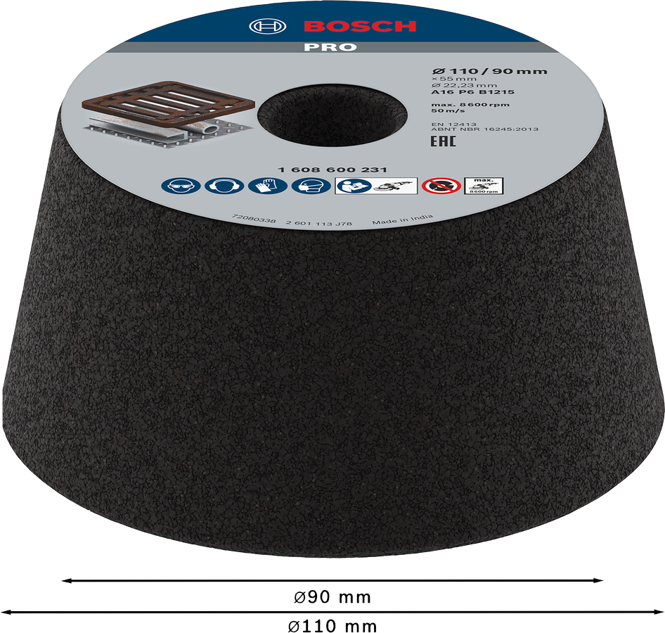Bosch 1608600231 Conical Cup Wheel Suitable For Metal And Cast Iron, Min Dia - 90mm, Max Dia - 110mm, Height- 55mm, 16 Grit, Pack Of 1 - photo 3