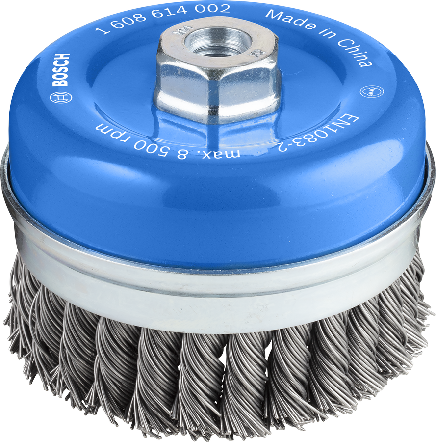 Bosch 1608614002 Bosch Wire Cup Brush, Knotted Wire, Dia 100mm & Wire Thickness 08mm, For M14 Thread, For Heavy Duty Cleaning Work Like