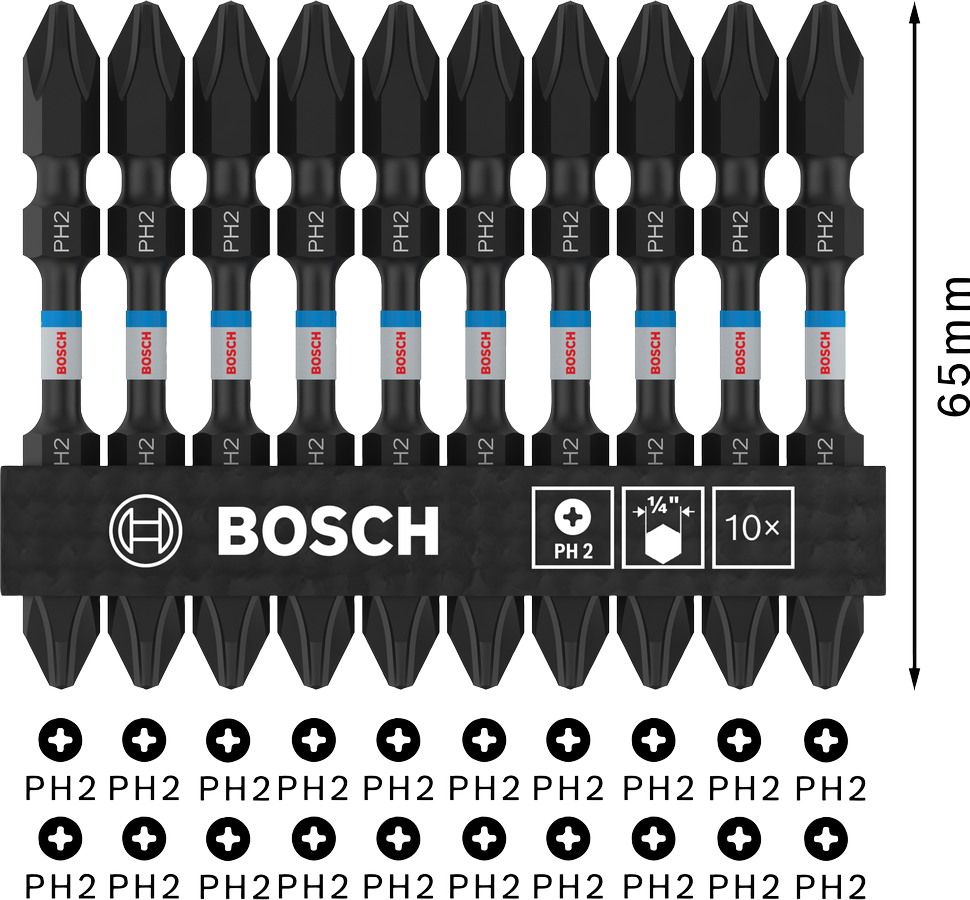 Bosch 2608522405 Impact, Double Ended Screwdriver Bits, Type Ph2-Ph2, Length 65mm, With Black Oxide Suitable For Impact Drivers, Pack - photo 3