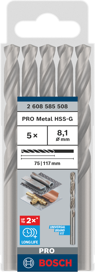 Bosch 2608585508 Hss-G Metal Drill Bits Diameter-8.1mm, Working Length-75mm, Total Length-117mm - photo 2