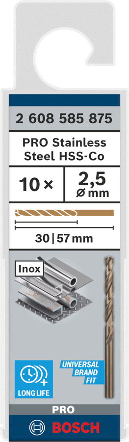 Bosch 2608585875 Metal Drill Bits Hss- Cobalt, For Stainless Steel, 2.5mm Dia, Working Length- 30 Mm, Total Length- 57mm, Pack Of 10 - photo 2