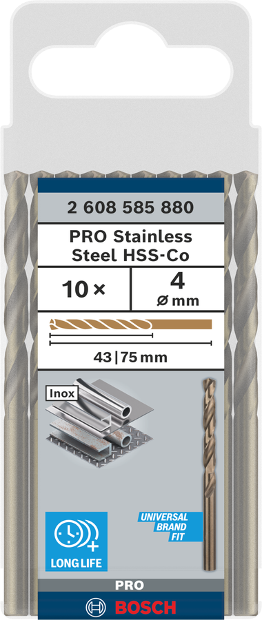 Bosch 2608585880 Metal Drill Bits Hss- Cobalt, For Stainless Steel, 4mm Dia, Working Length- 43 Mm, Total Length- 75mm, Pack Of 10 - photo 2