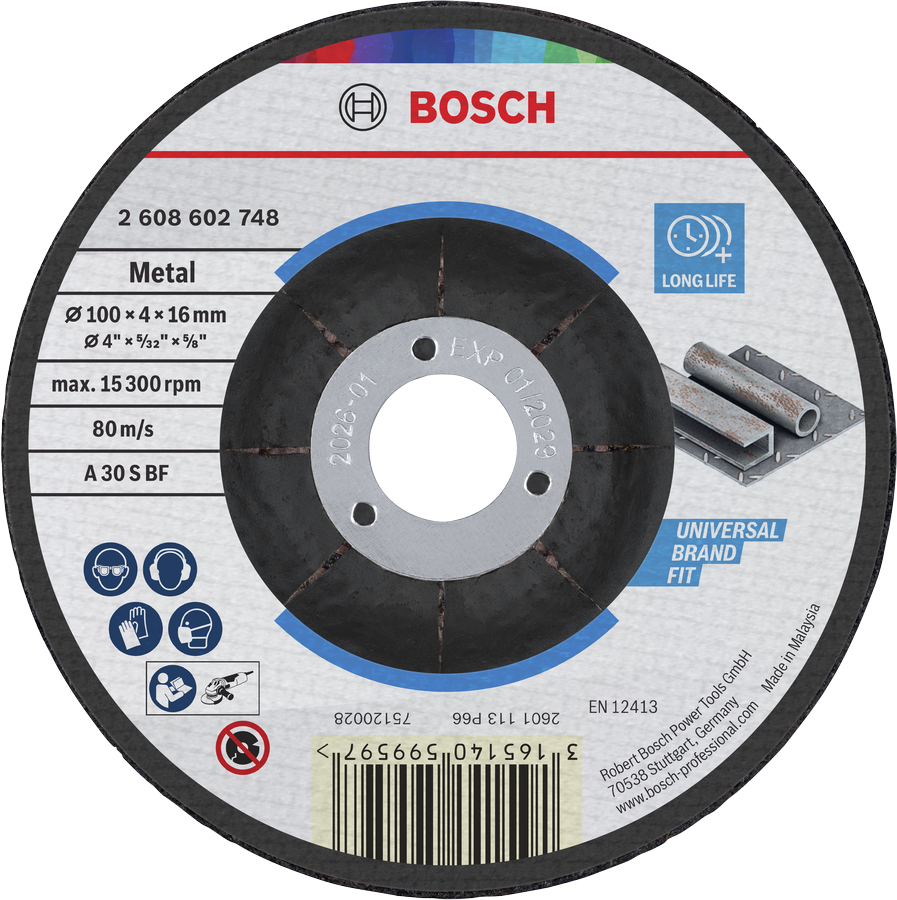 Bosch 2608602748 Grinding Disc, Standard For Metal, 100mm, 4mm Thickness