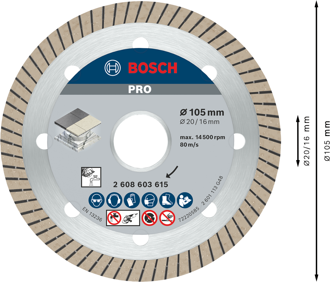 Bosch 2608603615 Turbo Tile Cutting Disc 16 / 20 Mm Bore, 4" / 105 Mm & Segment Height 10mm, Pack Of 1 - photo 3