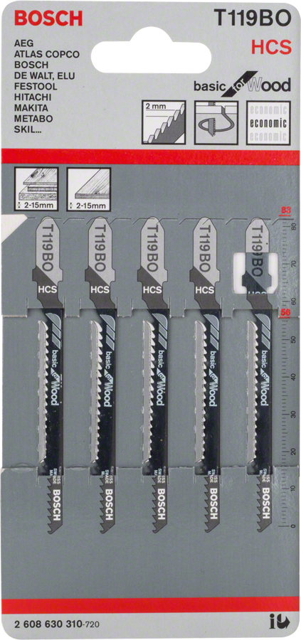 Bosch 2608630310 Jigsaw Blades T 119 Bo, Basic For Wood, Length 83mm, Pack Of 5, Suitable For Milled Softwood (2-15 Mm), Plywood, - photo 2