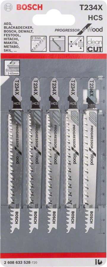 Bosch 2608633528 T 234 X, Progressor For Wood, Length- 117mm, Pack Of 5, Hcs, Ground Teeth And Taper Ground Softwood (3-65 Mm), - photo 2