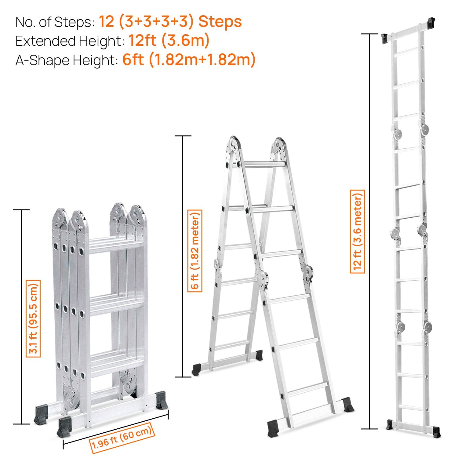 Corvids CALM-403 12 Ft Multipurpose Folding Aluminium Ladder, 12 Steps (4x3) - photo 3