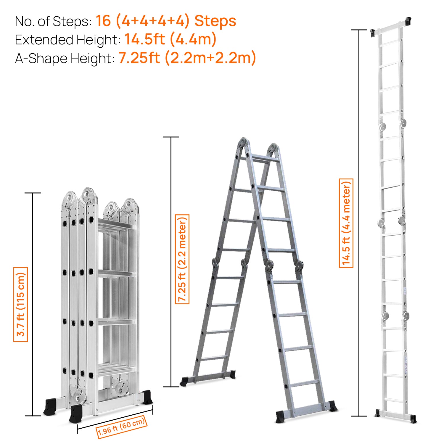 Corvids CALM-404 PRO 14.5 Ft Multipurpose Folding Aluminium Ladder, 16 Steps (4x4) - photo 3