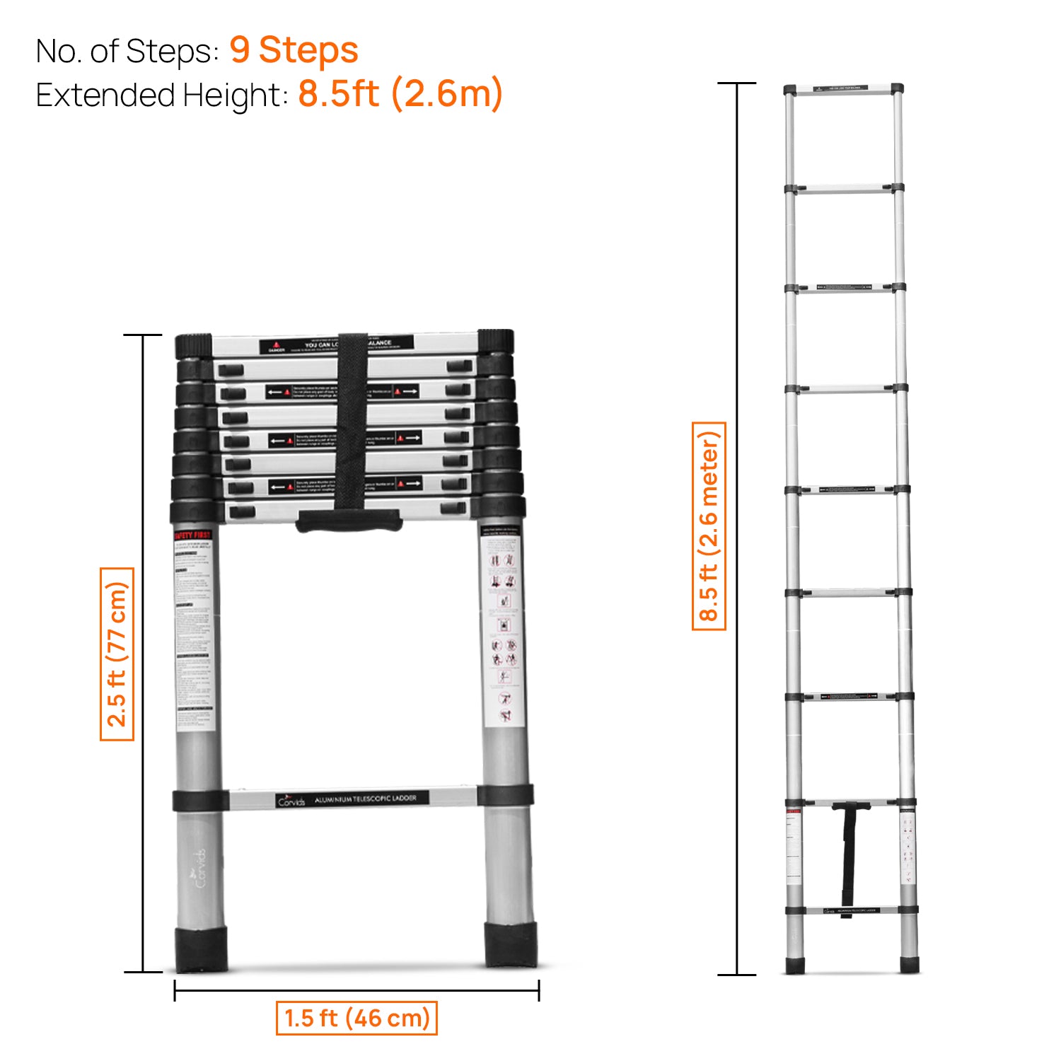 Corvids CALT-026 2.6 m (8.5 Ft) Aluminium Telescopic Ladder, 9 Steps - photo 3