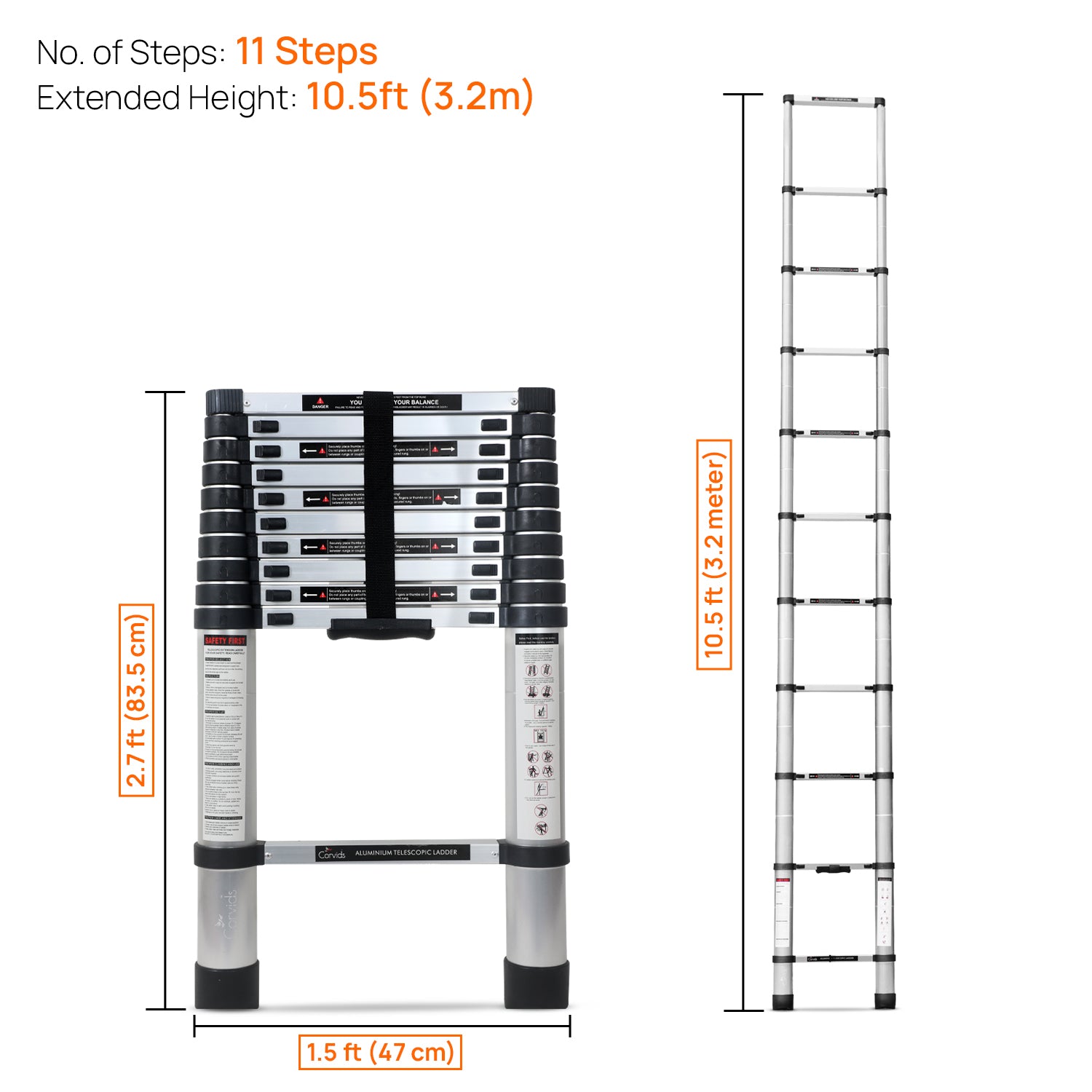 Corvids CALT-032 3.2 m (10.5 Ft) Aluminium Telescopic Ladder, 11 Steps - photo 3