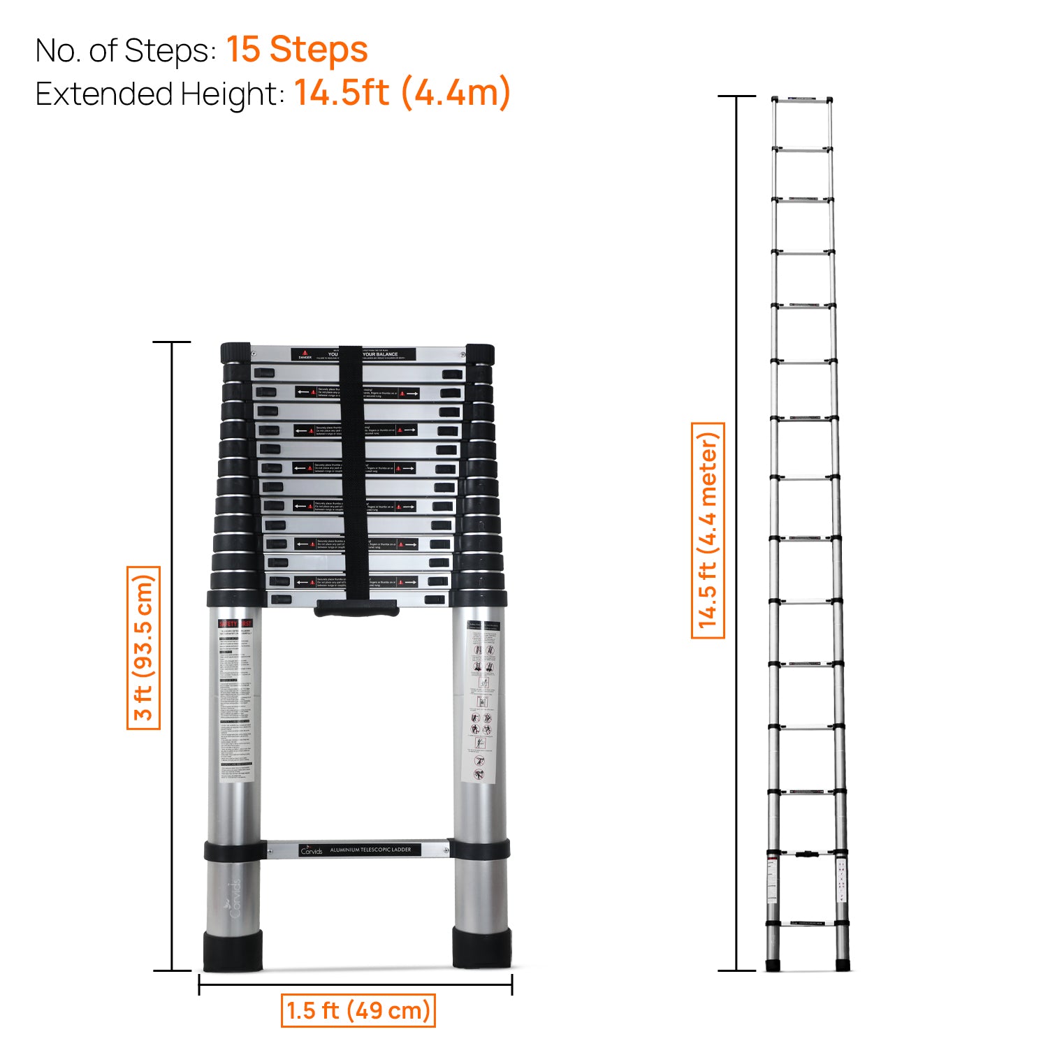 Corvids CALT-044 4.4 m (14.5 Ft) Aluminium Telescopic Ladder, 15 Steps - photo 3