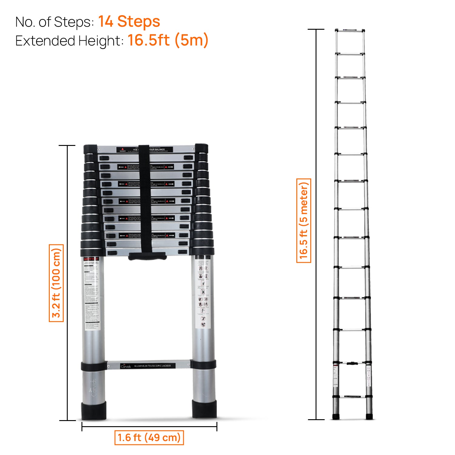 Corvids CALT-050 5.0 m (16.5 Ft) Aluminium Telescopic Ladder, 14 Steps - photo 3