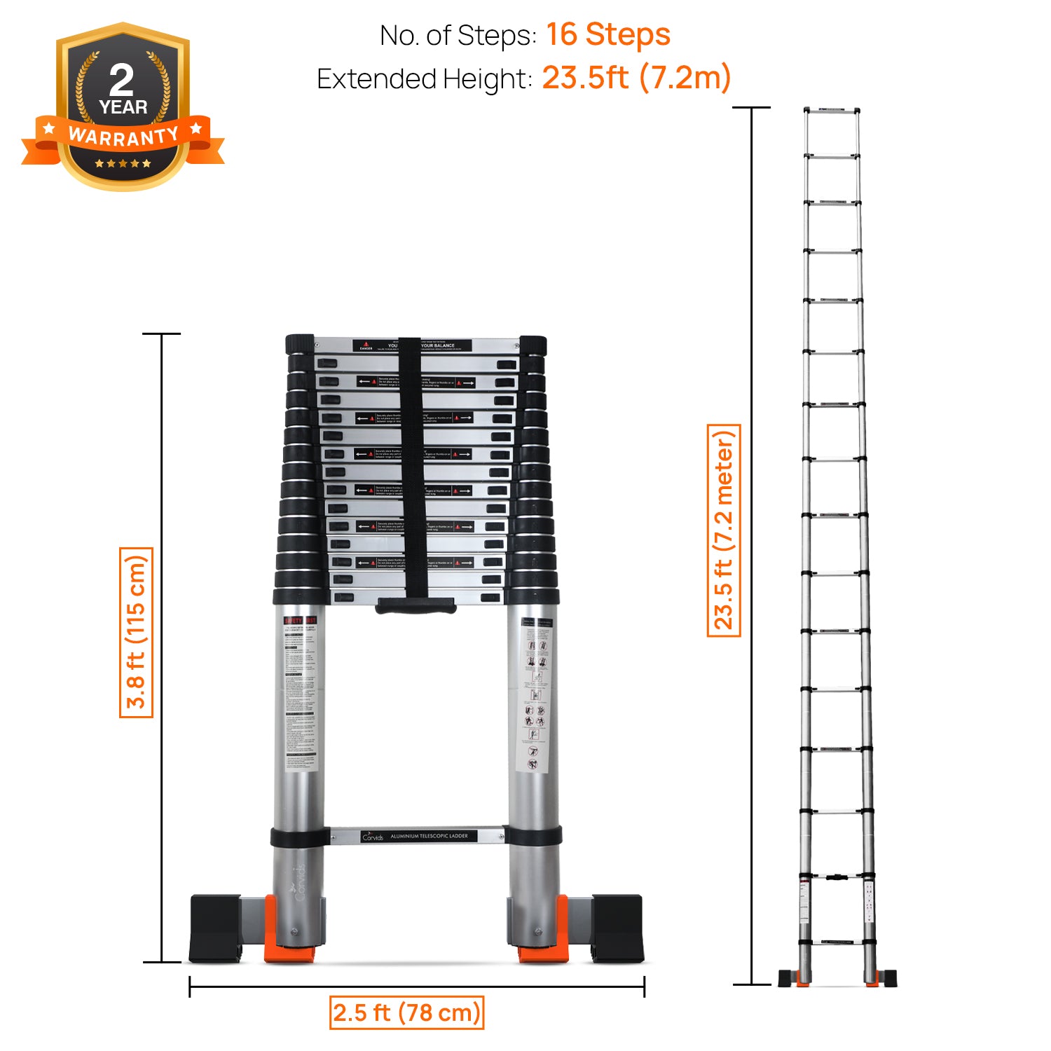 Corvids CALT-072 7.2 m (23.5 Ft) Aluminium Telescopic Ladder, 16 Steps - photo 2