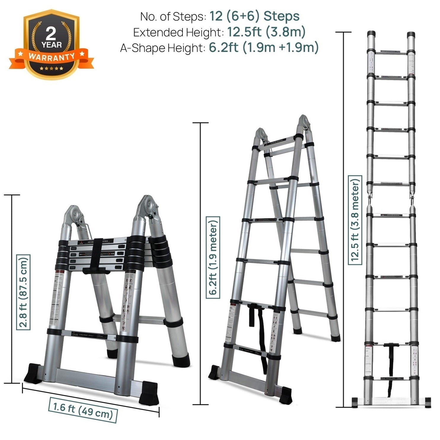 Corvids CALT-D38 12.5 Ft (1.9+1.9 m) A-Type Double Aluminium Telescopic Ladder, 12 Steps - photo 2