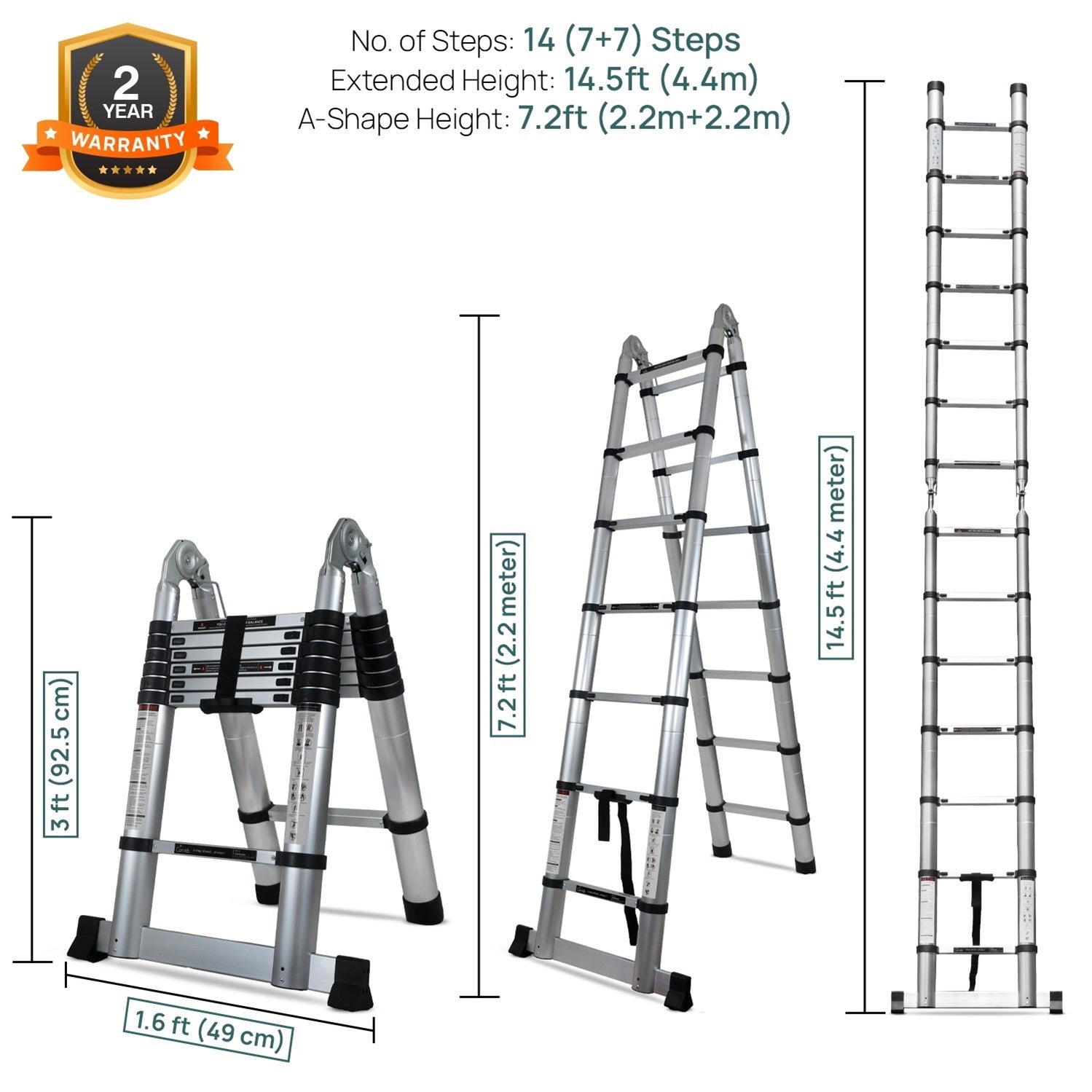Corvids CALT-D44 14.5 Ft (2.2+2.2 m) A-Type Double Aluminium Telescopic Ladder, 14 Steps - photo 2