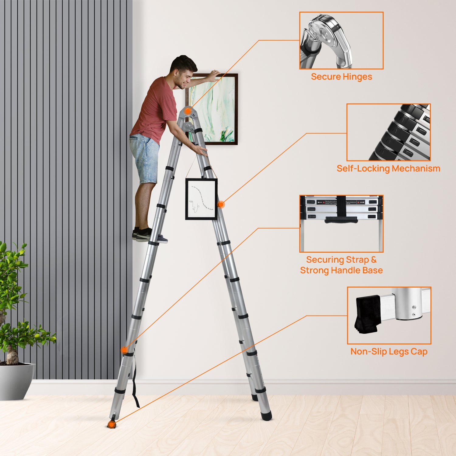 Corvids CALT-D50 16.5 Ft (2.5+2.5 m) A-Type Double Aluminium Telescopic Ladder, 16 Steps - photo 4