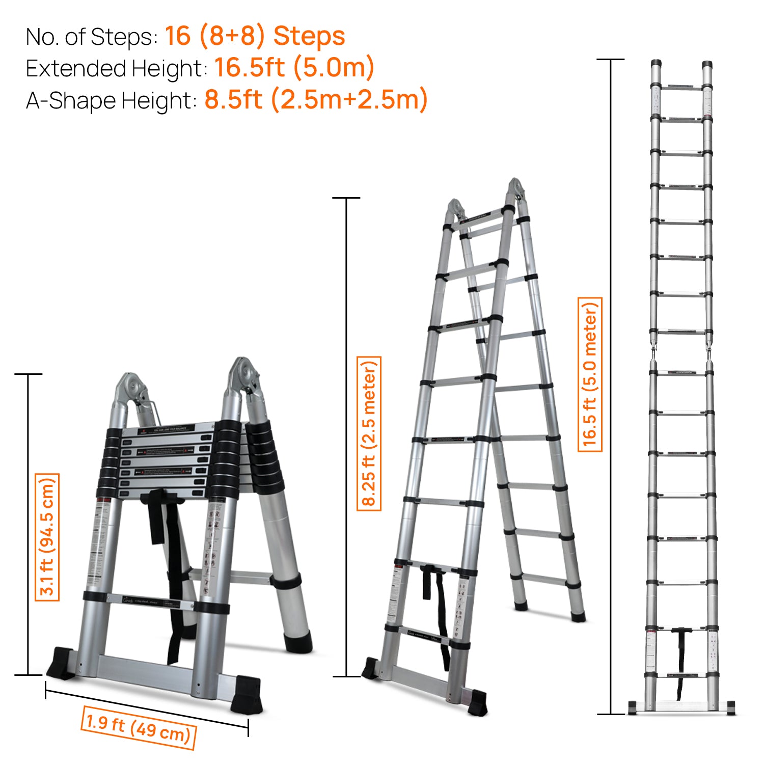 Corvids CALT-D50 16.5 Ft (2.5+2.5 m) A-Type Double Aluminium Telescopic Ladder, 16 Steps - photo 3
