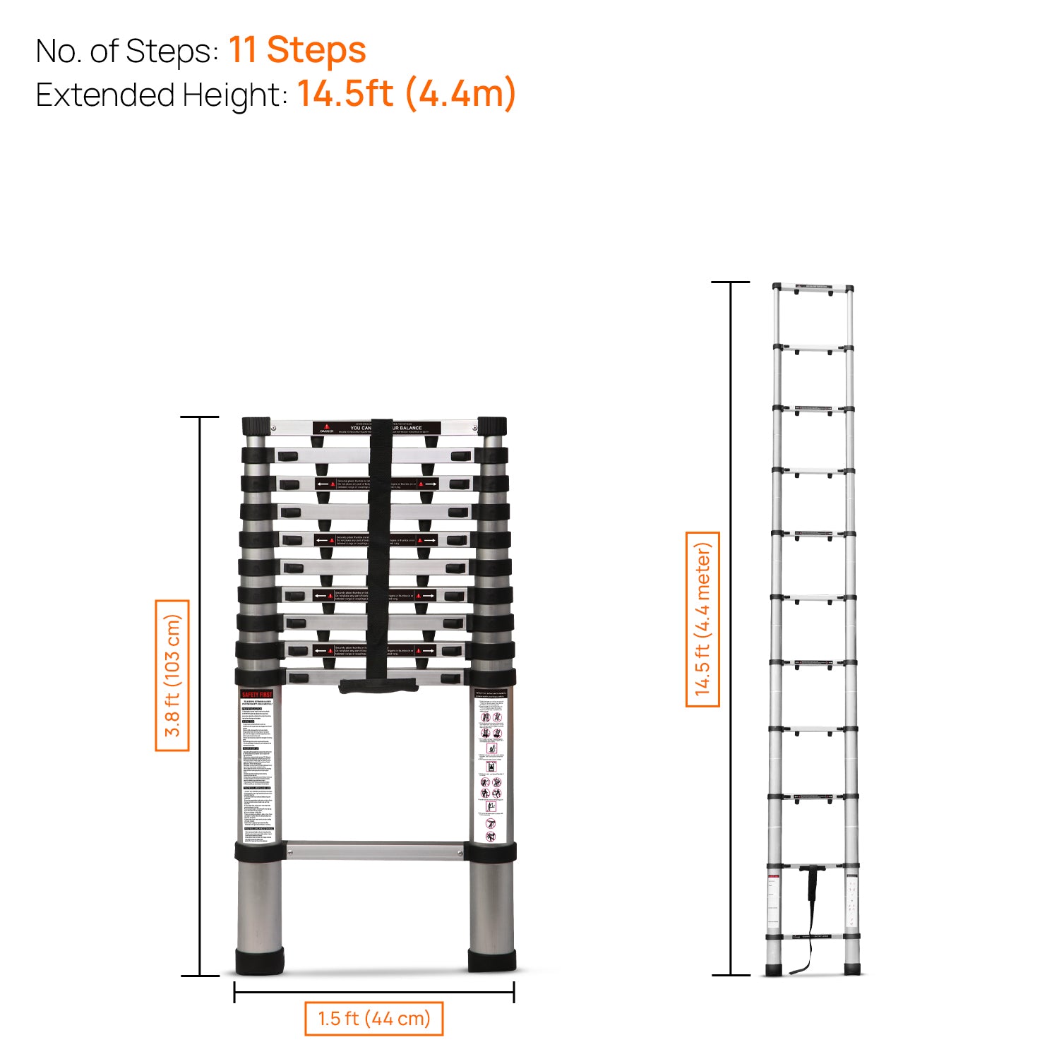 Corvids CALT-FP44 4.4 m (14.5 Ft) Finger Protect Aluminium Telescopic Ladder, 11 Steps - photo 3