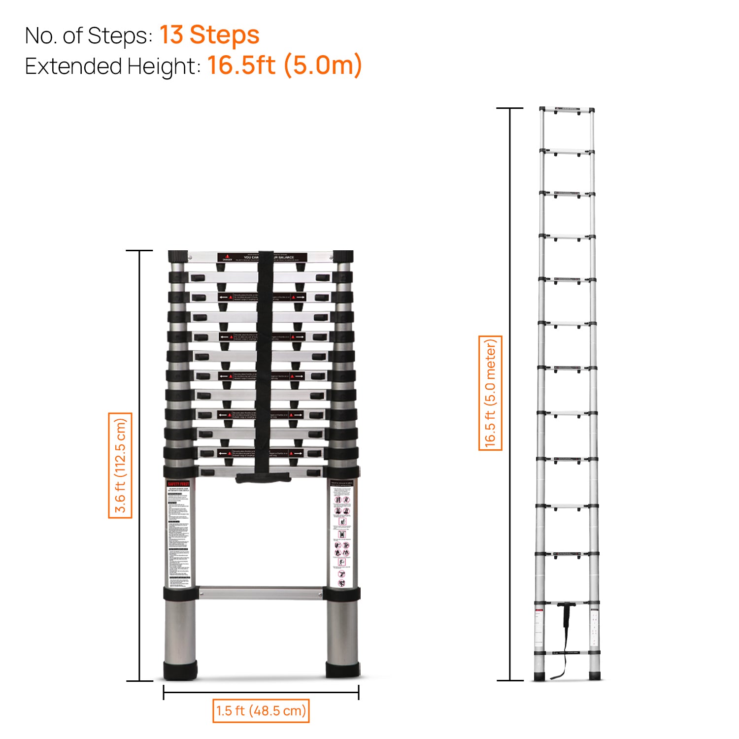 Corvids CALT-FP50 5.0 m (16.5 Ft) Finger Protect Aluminium Telescopic Ladder, 13 Steps - photo 3