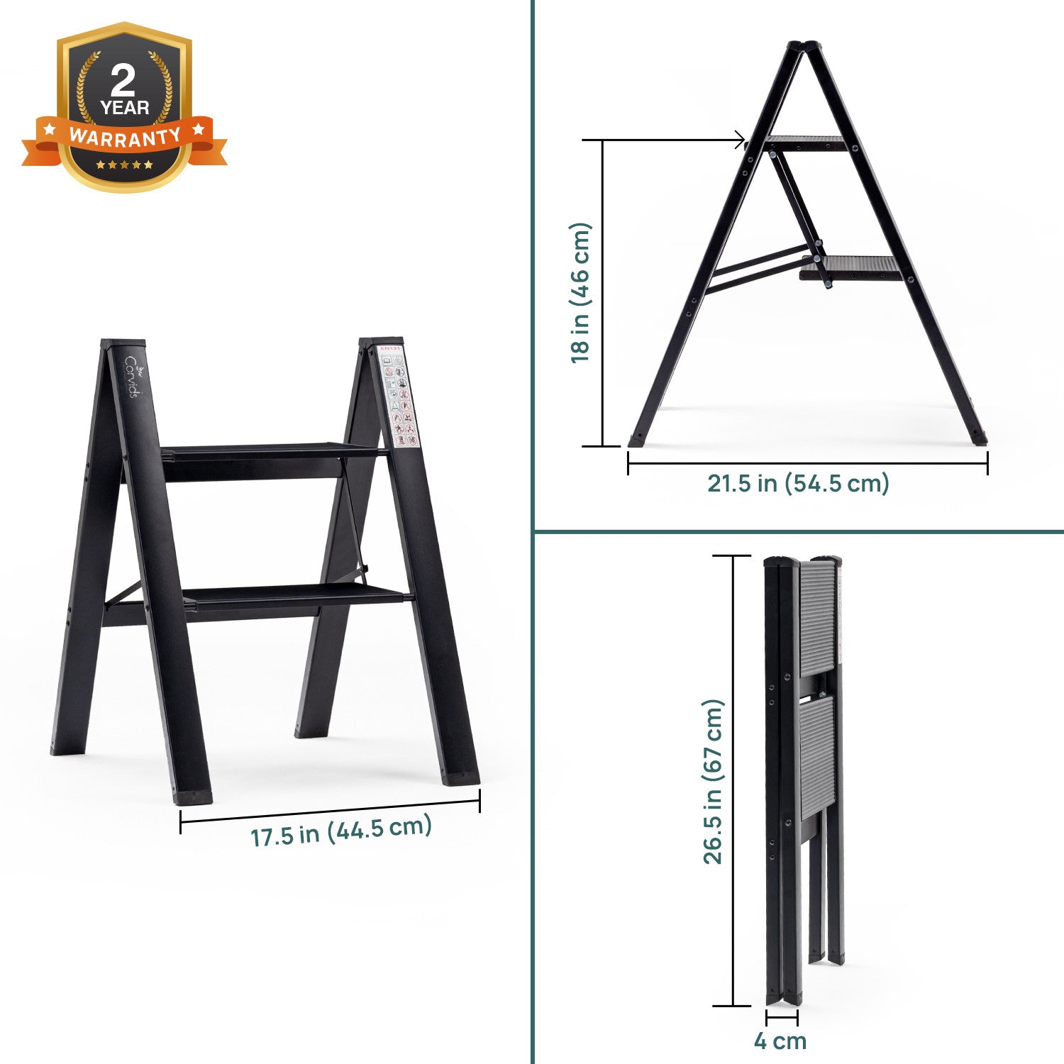 Corvids CASL-02 2-Step Aluminium Folding Step Stool Ladder, 46 cm (1.5 Ft) - White/Black - photo 7