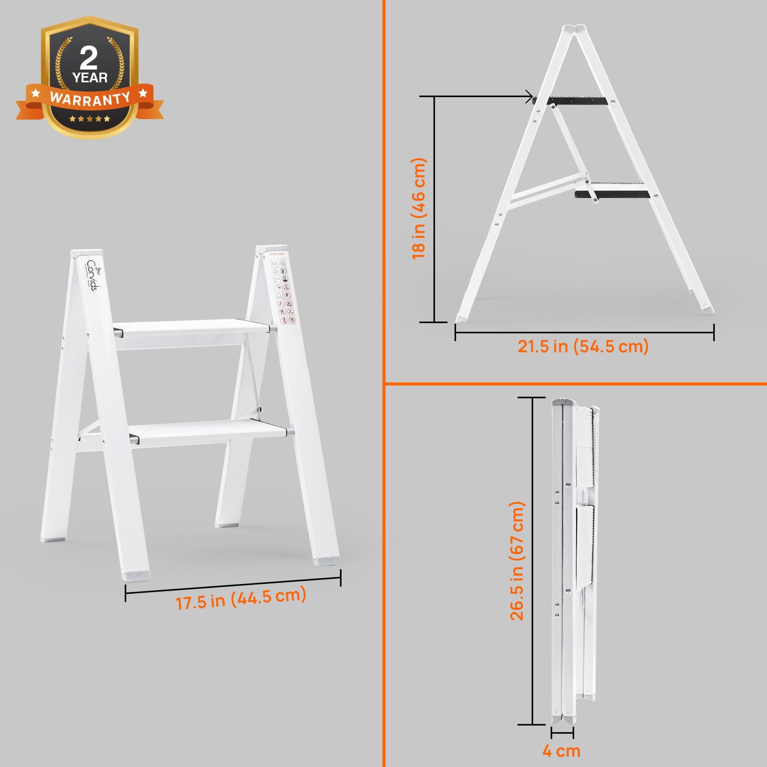 Corvids CASL-02 2-Step Aluminium Folding Step Stool Ladder, 46 cm (1.5 Ft) - White/Black - photo 3