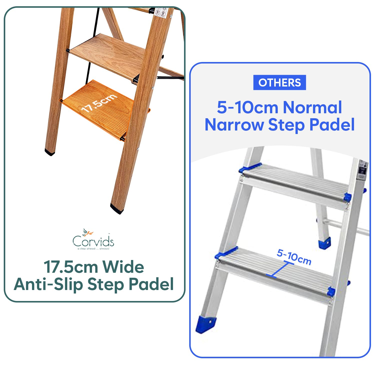 Corvids CASL-02 2-Step Aluminium Folding Step Stool Ladder, 46 cm (1.5 Ft) - Wooden Finish - photo 2