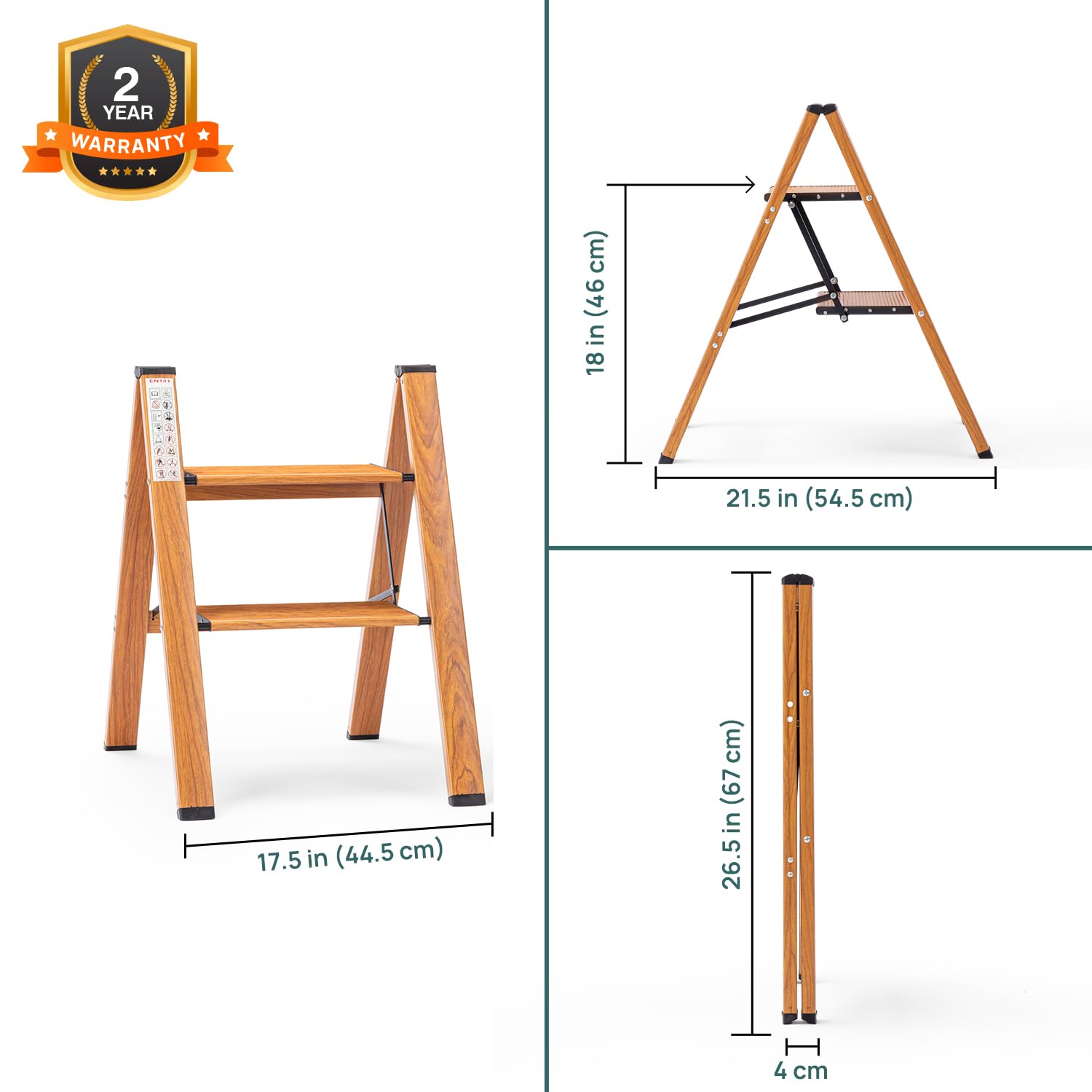 Corvids CASL-02 2-Step Aluminium Folding Step Stool Ladder, 46 cm (1.5 Ft) - Wooden Finish - photo 4
