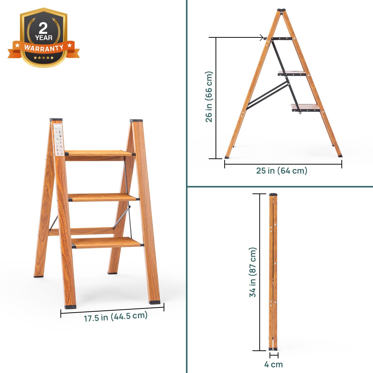 Corvids CASL-03 3-Step Aluminium Folding Step Stool Ladder, 66 cm (2.2 Ft) - Wooden Finish - photo 3