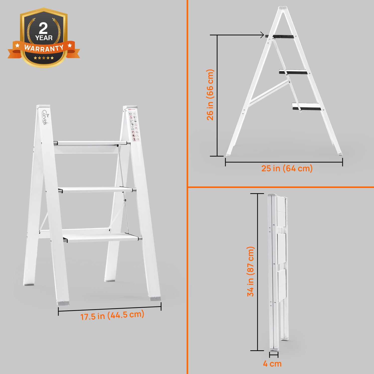 Corvids CASL-03 3-Step Aluminium Folding Step Stool Ladder, 66 cm (2.2 Ft) - White/Black - photo 3