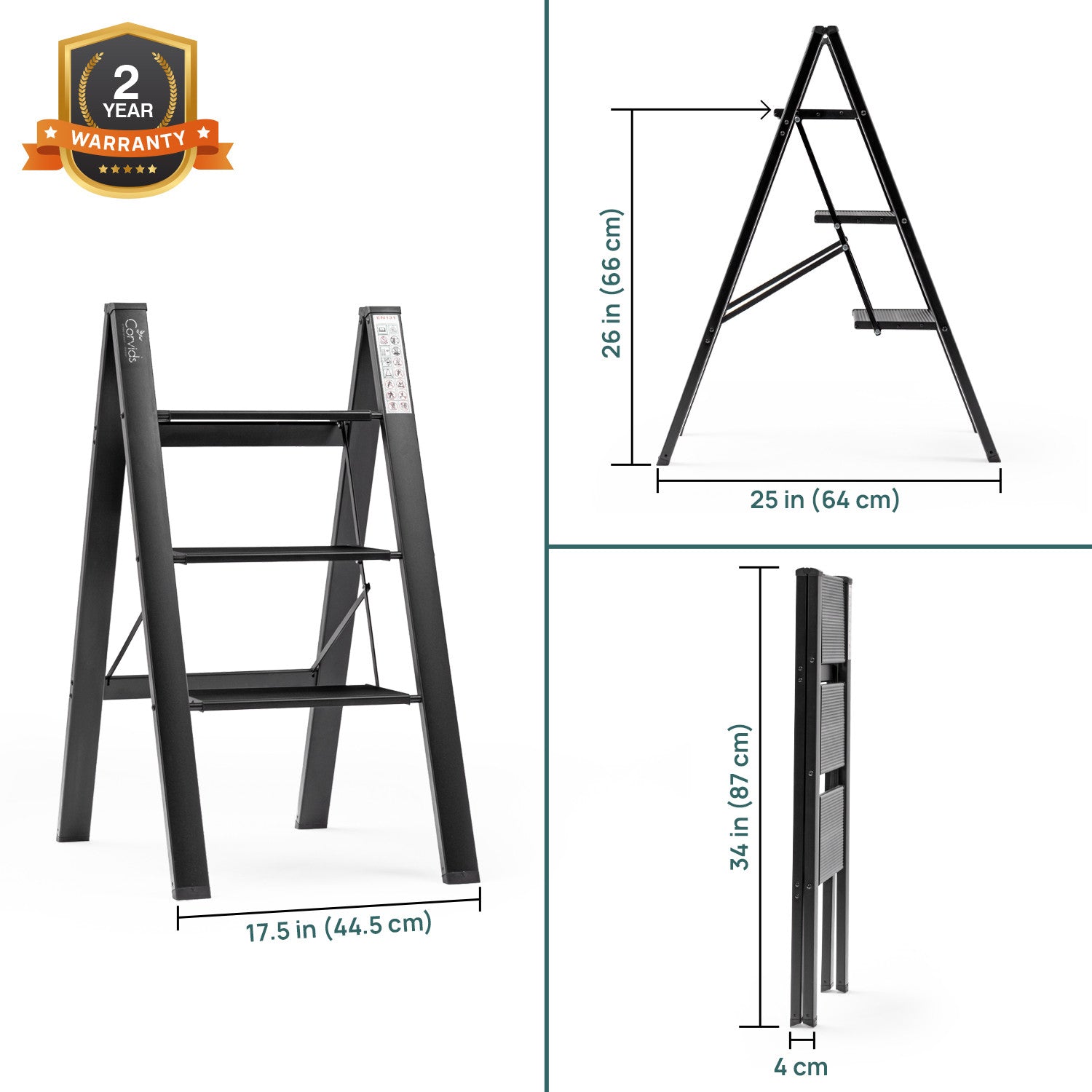 Corvids CASL-03 3-Step Aluminium Folding Step Stool Ladder, 66 cm (2.2 Ft) - White/Black - photo 7