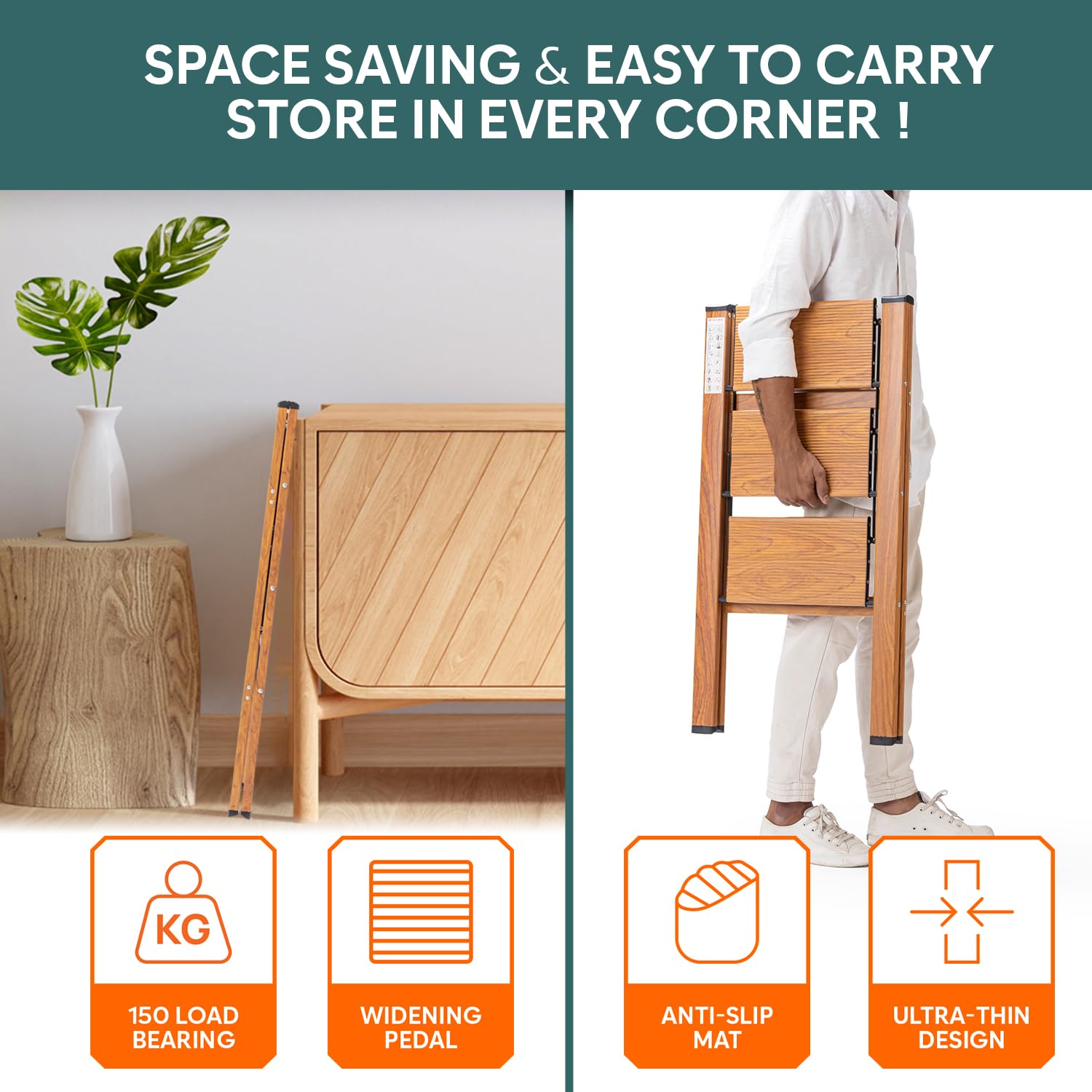 Corvids CASL-03 3-Step Aluminium Folding Step Stool Ladder, 66 cm (2.2 Ft) - Wooden Finish - photo 5
